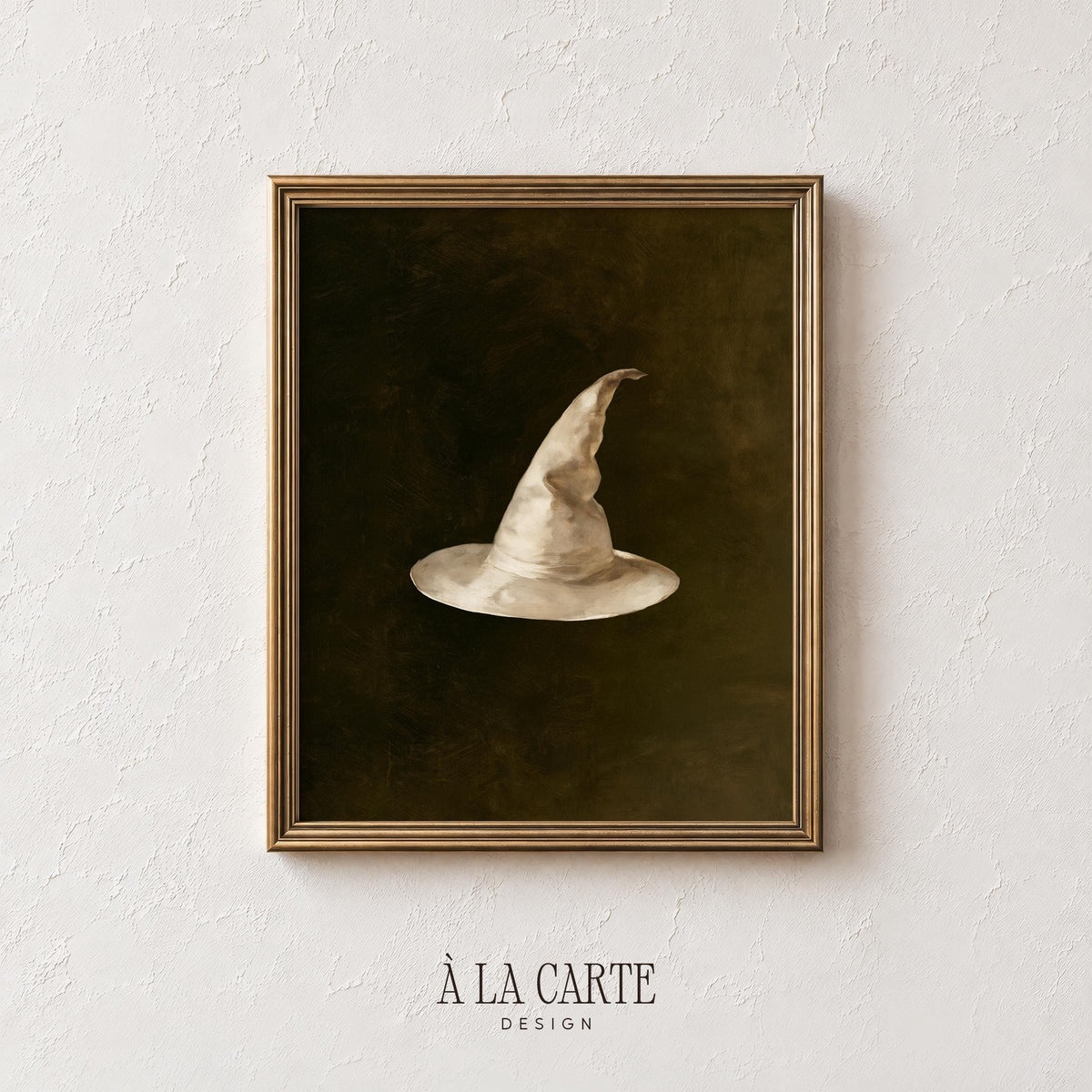 Cream witch hat printable art for bedroom — moody vintage oil painting with dark olive background