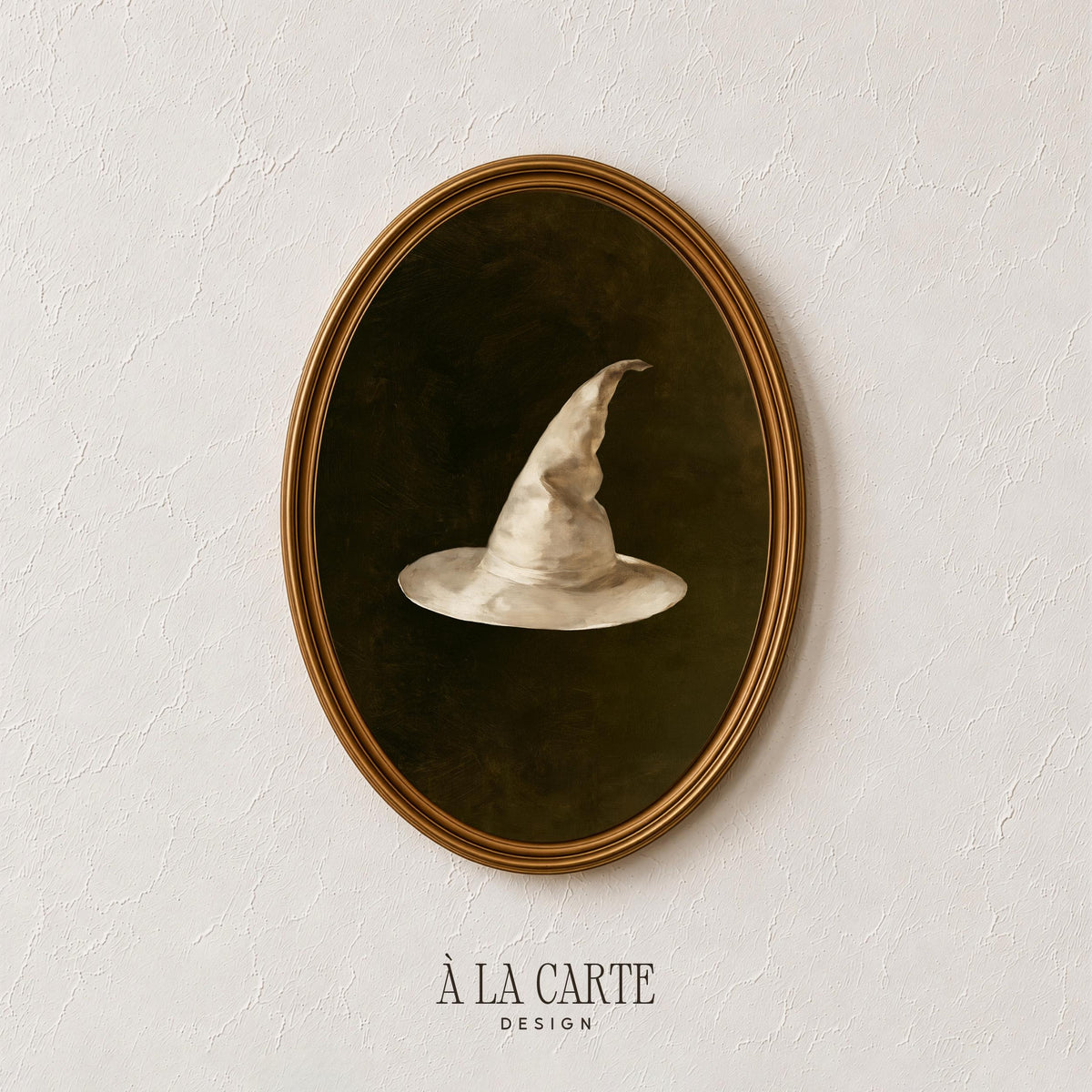 Moody pointed hat digital print — vintage oil painting style seasonal decor with elegant restraint