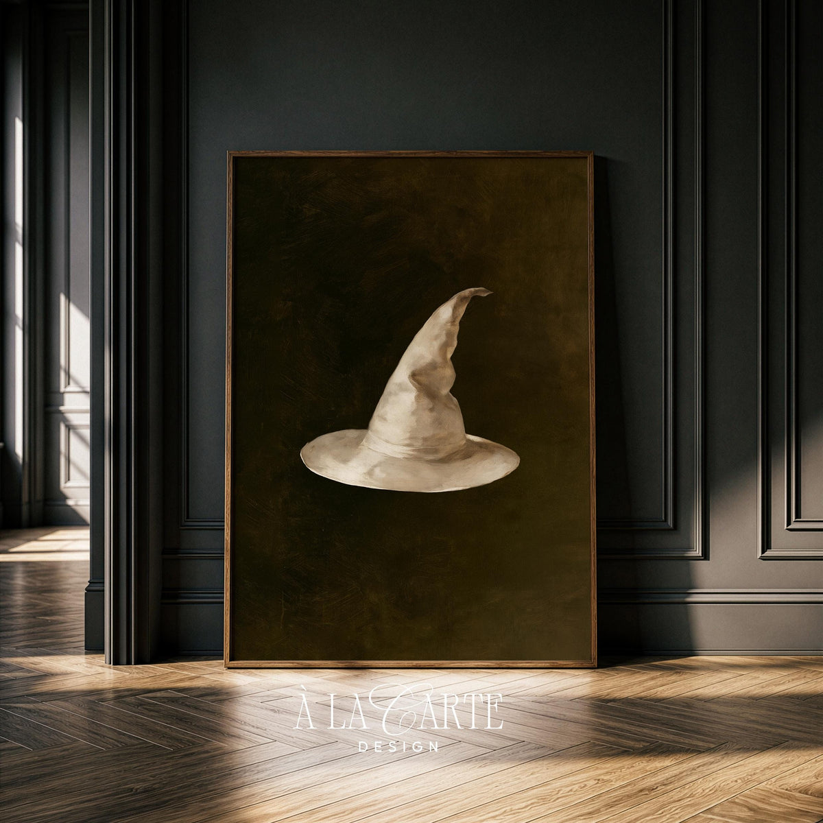 Vintage hat artwork for gallery wall — old master style painting with muted Halloween elegance