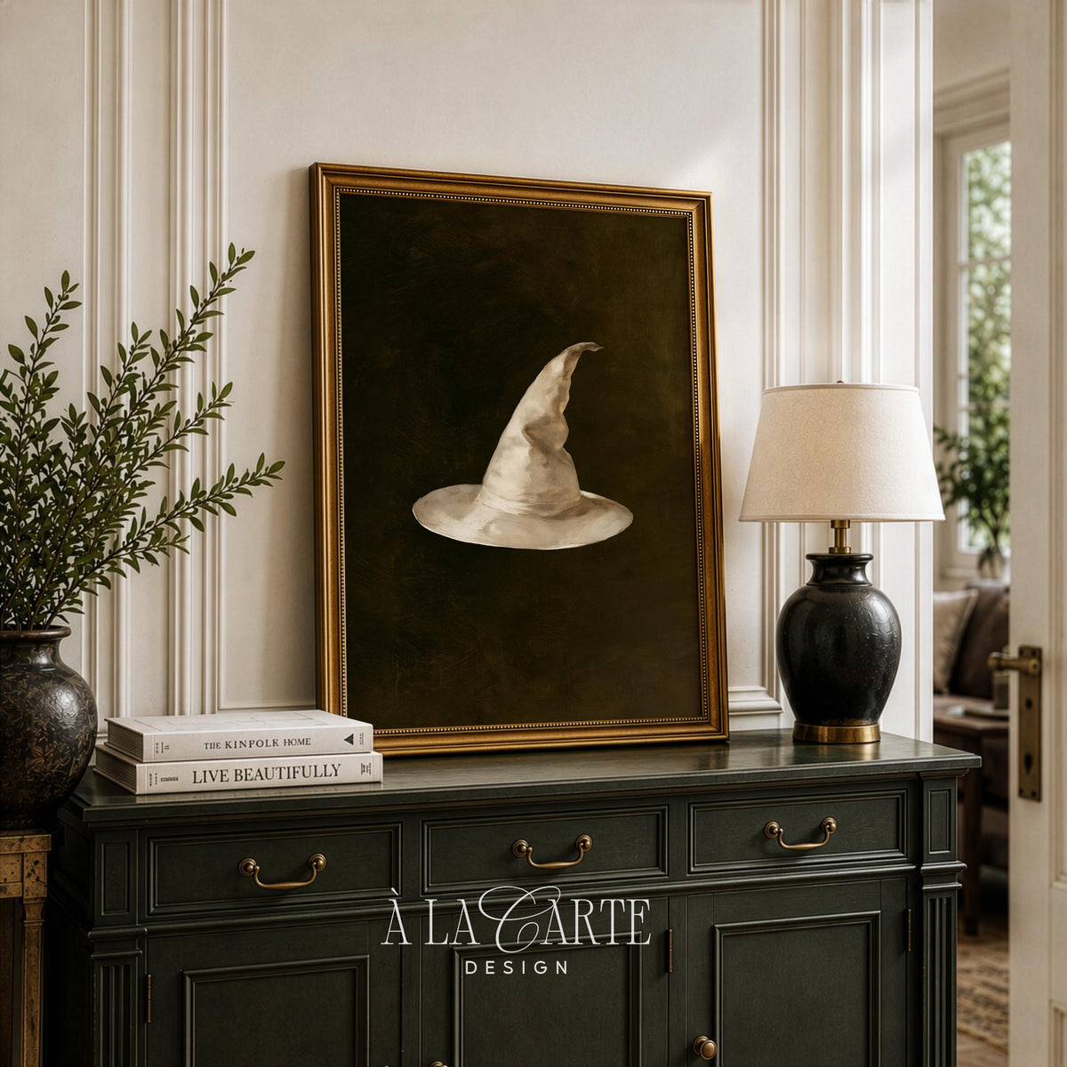 Vintage hat digital poster for office — quiet Halloween charm with old master still-life style
