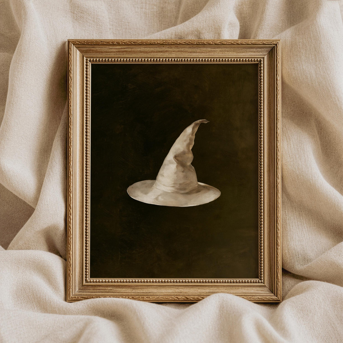 Elegant witch cap poster for living room — understated Halloween wall decor with dramatic muted palette