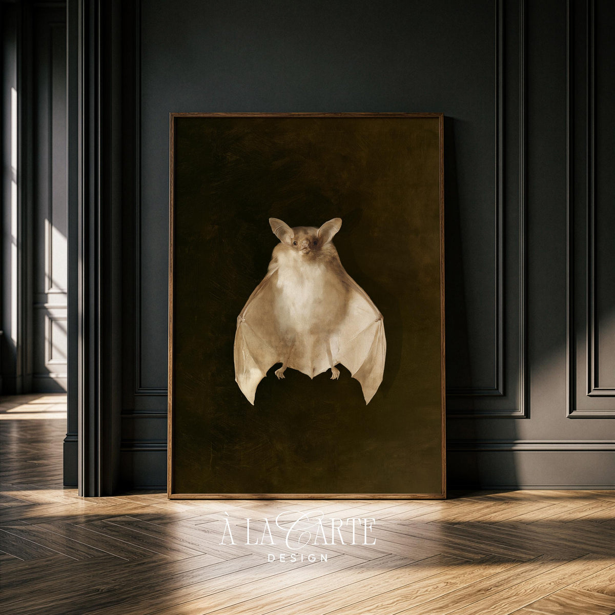 Cream flying mammal wall art print — dark academia illustration with museum specimen-inspired composition