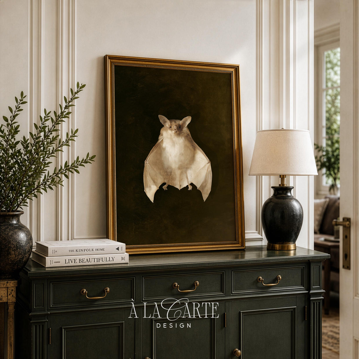 Vintage bat specimen picture for gallery wall — museum-quality oil painting style with curiosity cabinet charm