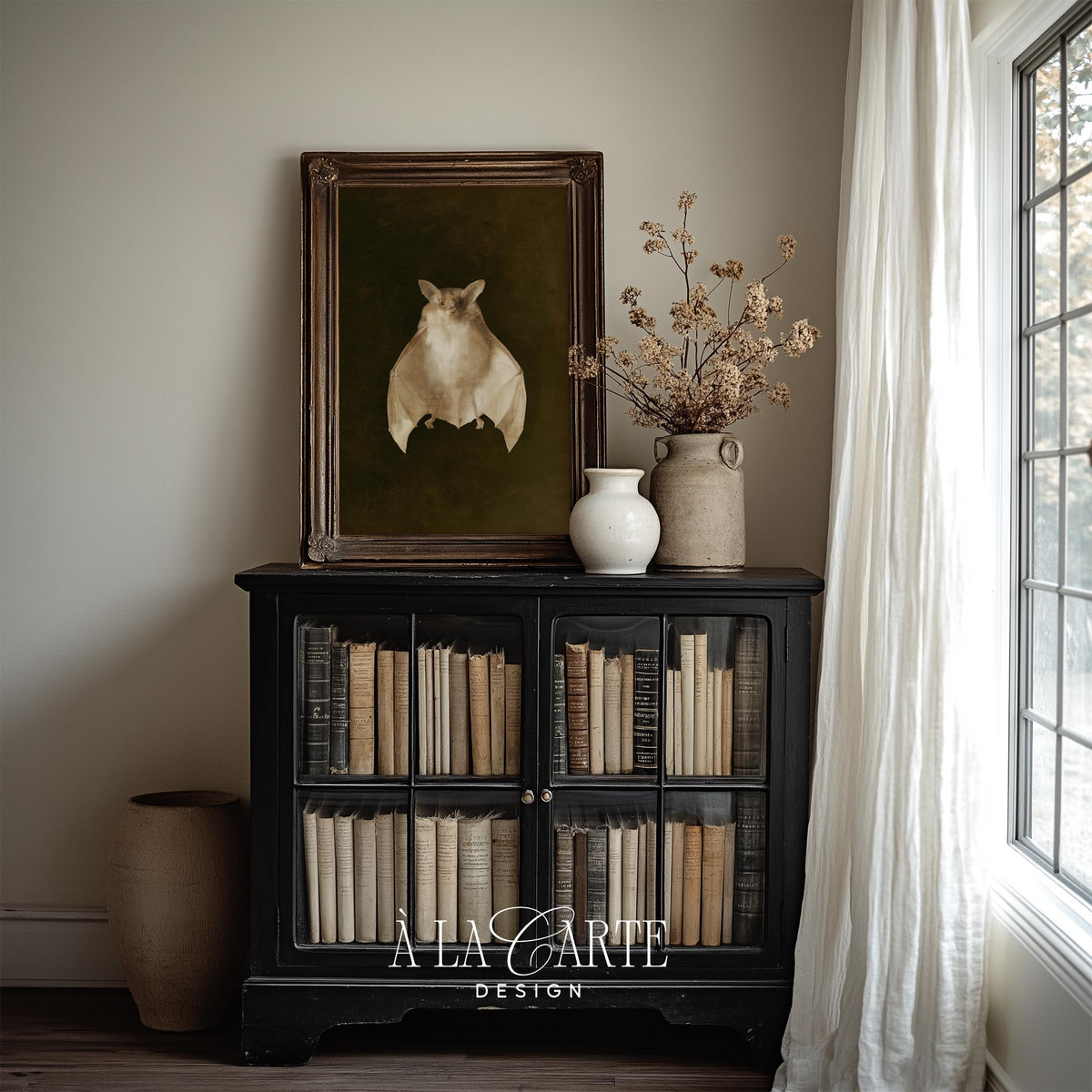 Vintage bat study painting for entryway — moody atmospheric design with deep olive tones and aged finish