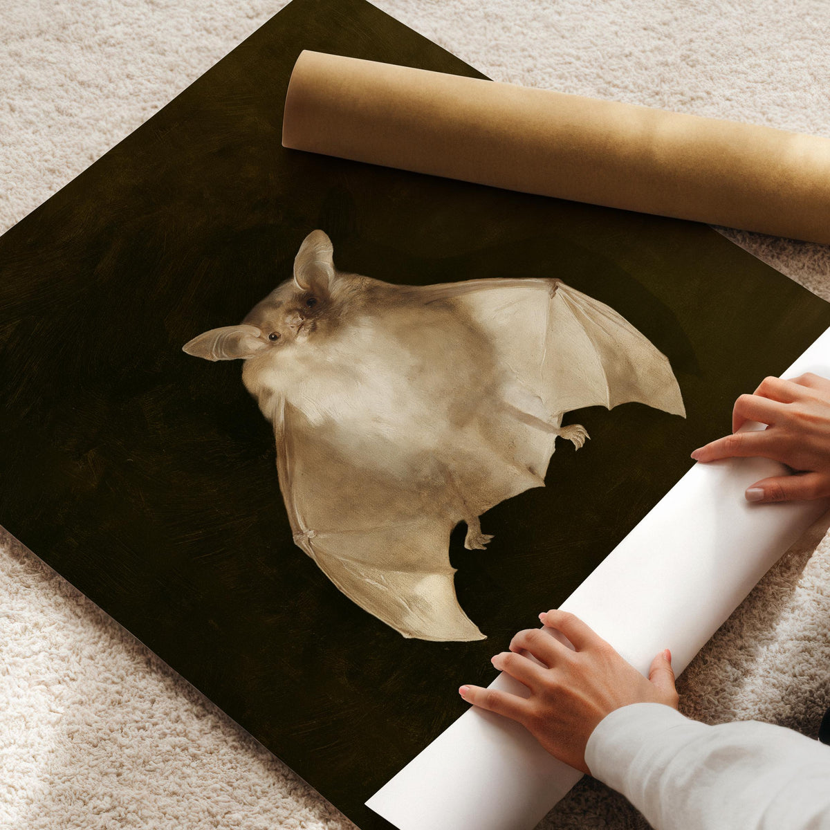 Pale cream bat illustration poster — moody spooky-elegant design with curiosity cabinet and vintage scientific vibes