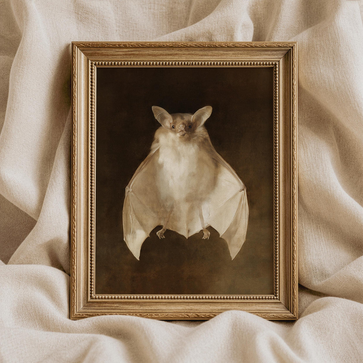 Celestial nocturne bat wall print for office — vintage naturalist portrait in rich sepia and cream hues