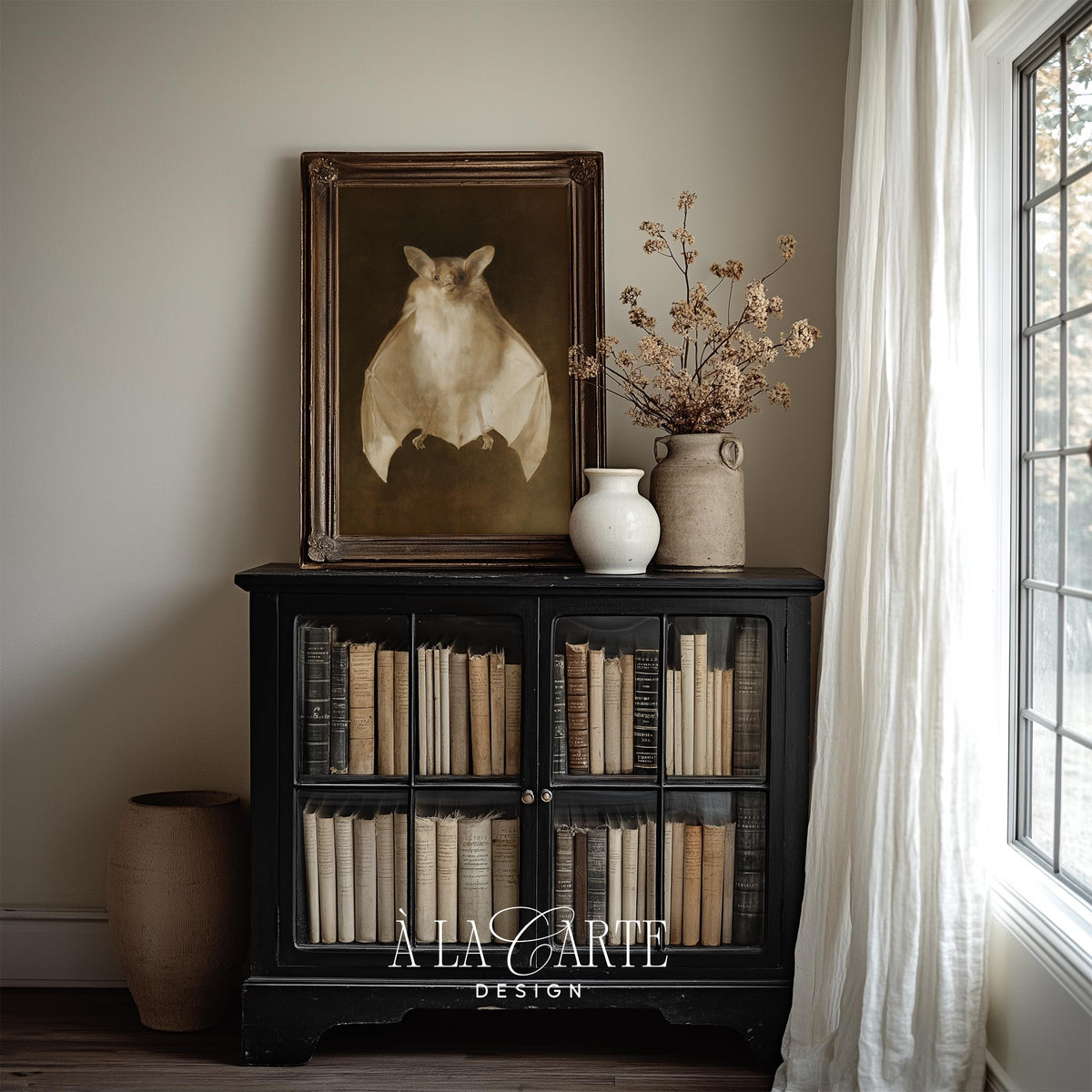 Spooky-chic bat picture printable art — vintage natural history rendering in warm golds and deep shadows