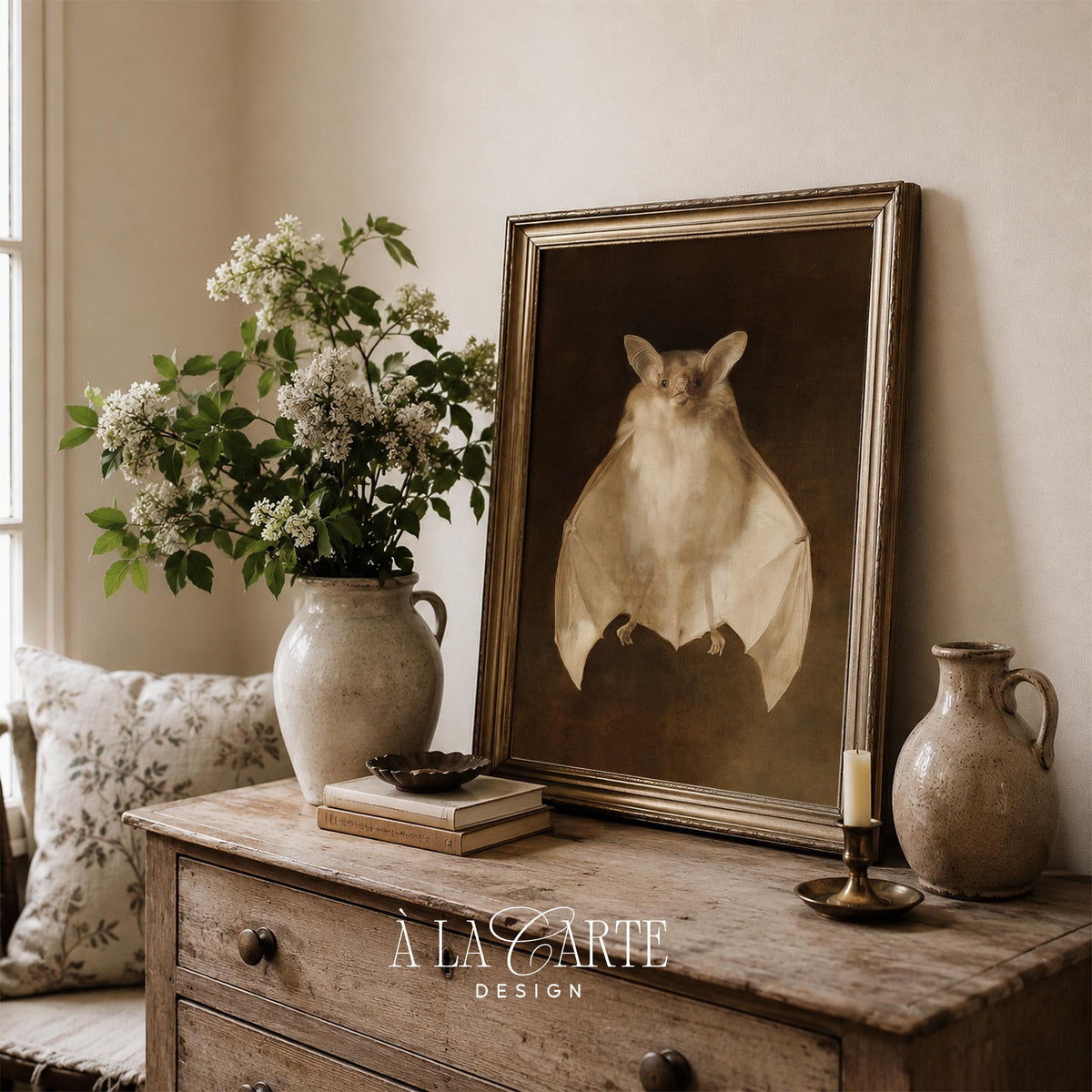 Spooky sophistication bat wall print — vintage naturalist portrait for Halloween with aged, classical presentation