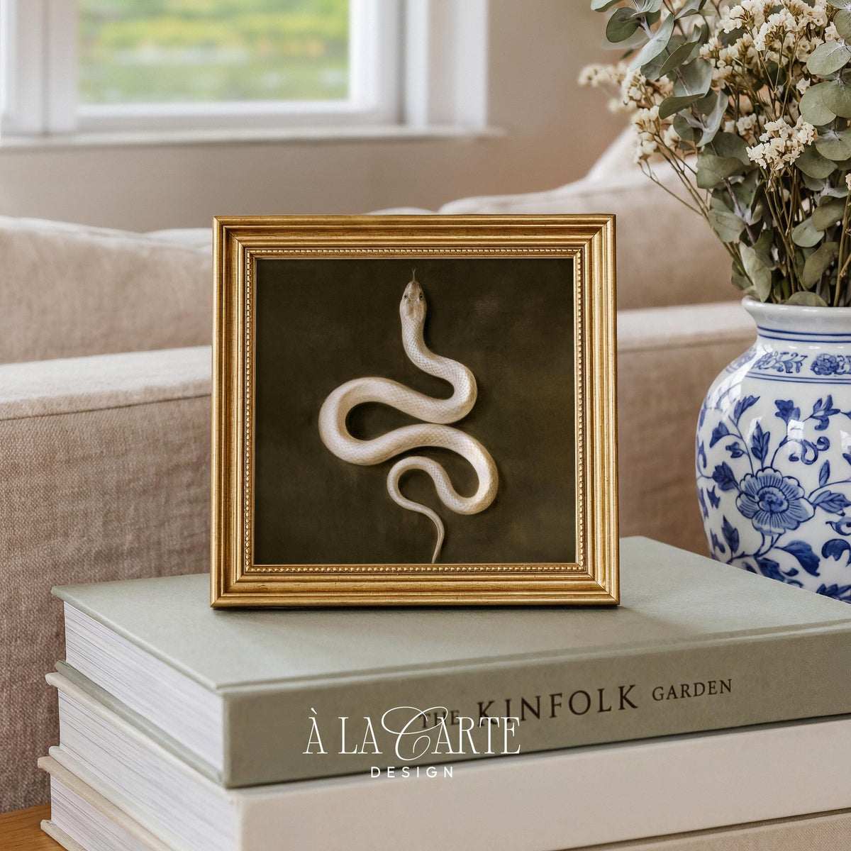 Cream serpent coiled against olive backdrop printable art for bedroom — moody vintage naturalist style