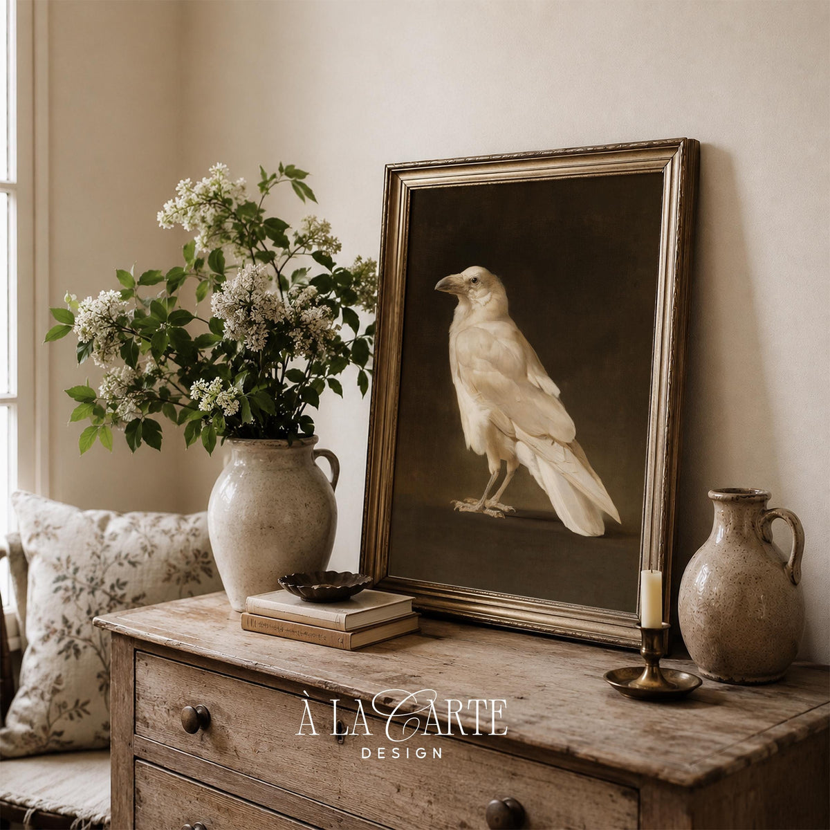 Striking pale bird portrait art print for den — dark academia mood with museum-quality vintage painting effect