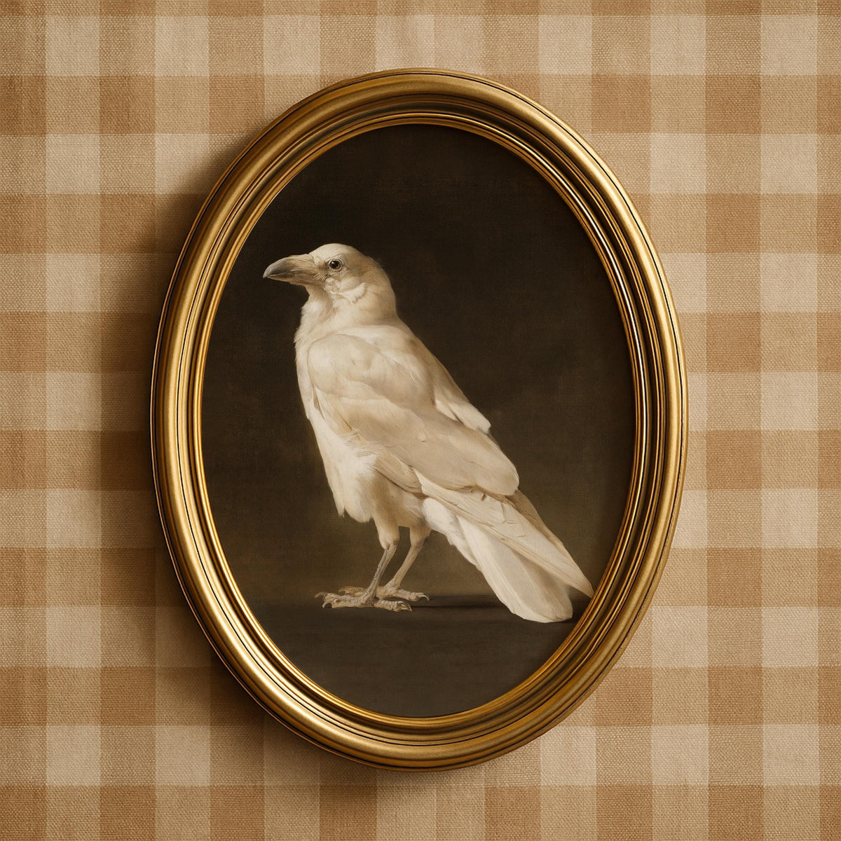 White raven oil painting printable art for study — dark academia vintage bird illustration with moody aesthetic