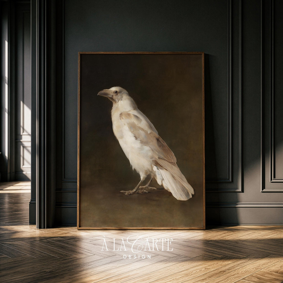 White raven painting printable art for study — moody vintage gothic bird illustration with dark backdrop