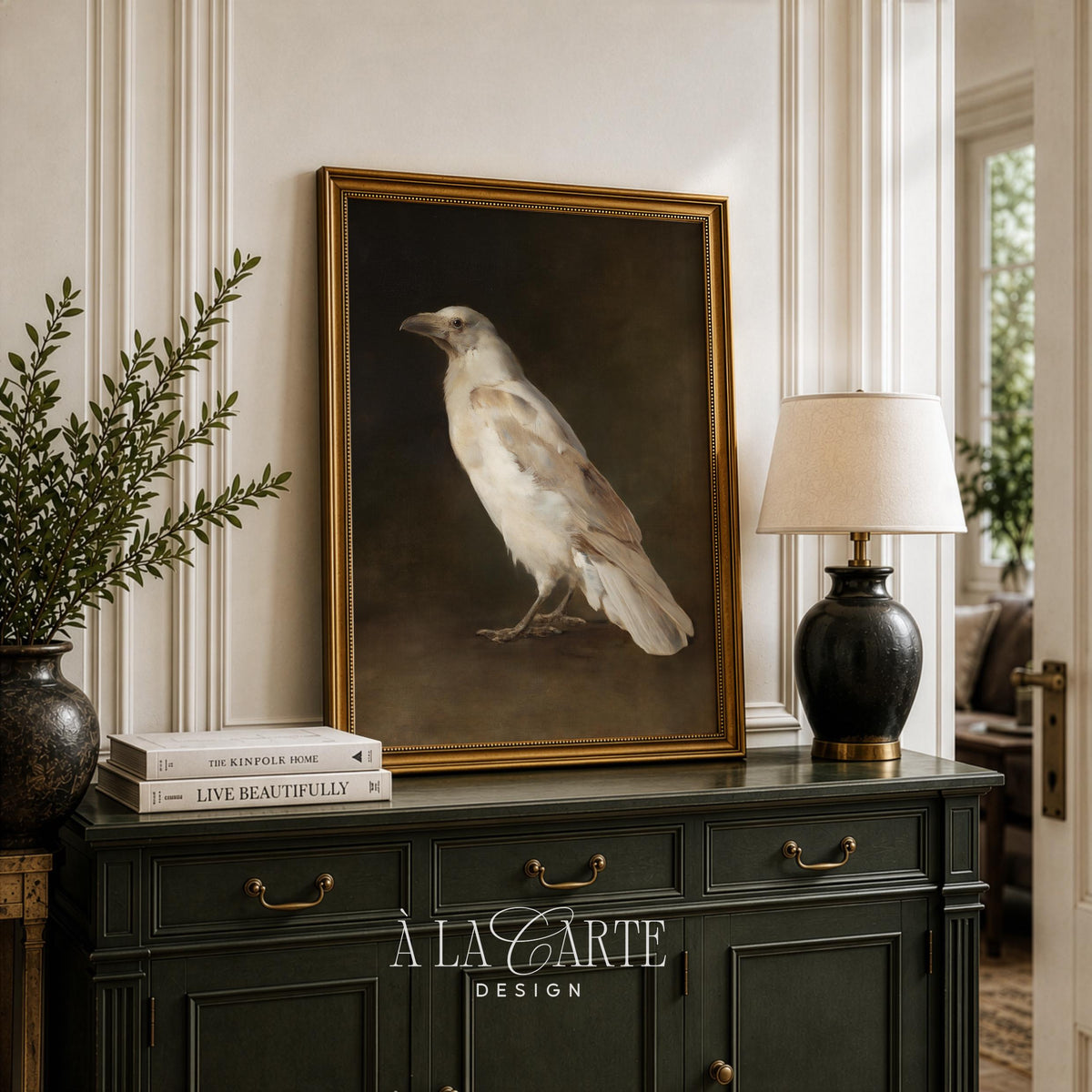Albino bird digital art print for living room — moody classical animal study with sophisticated color scheme