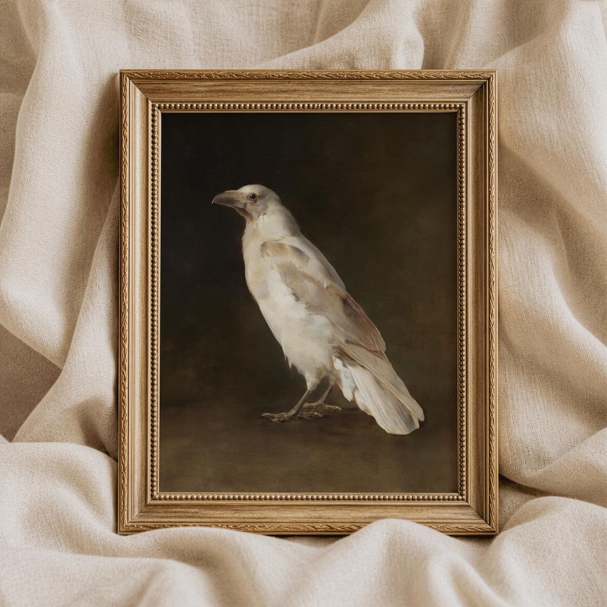 White avian portrait poster for dark academia space — textured old master technique with muted earth tones