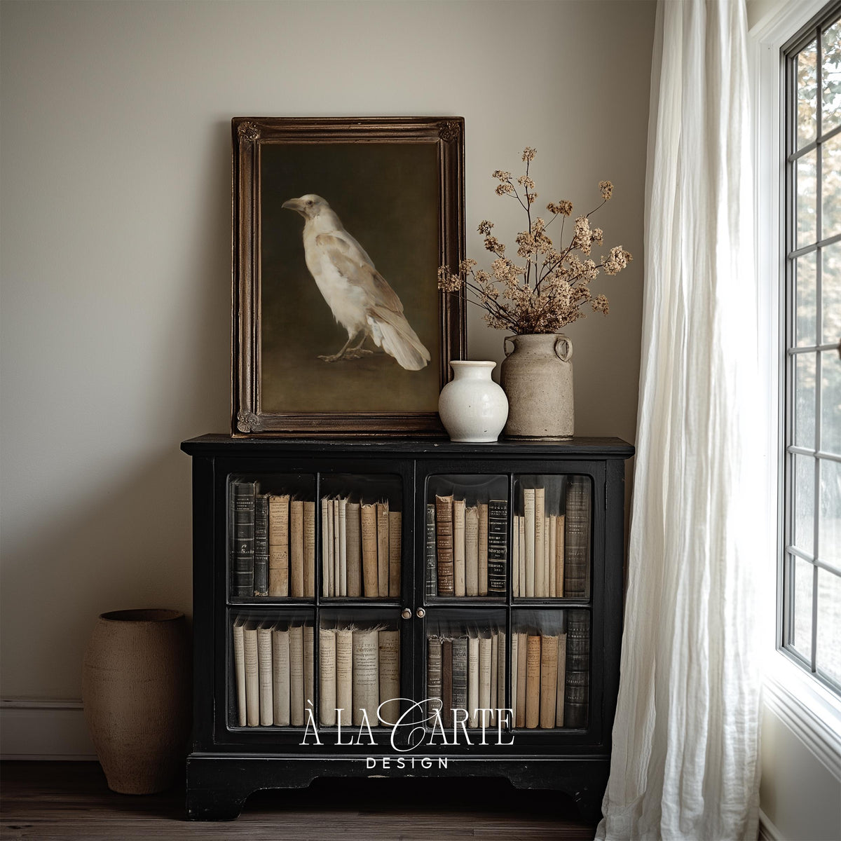 Gothic raven picture printable for gallery wall — elegant profile portrait with deep olive background