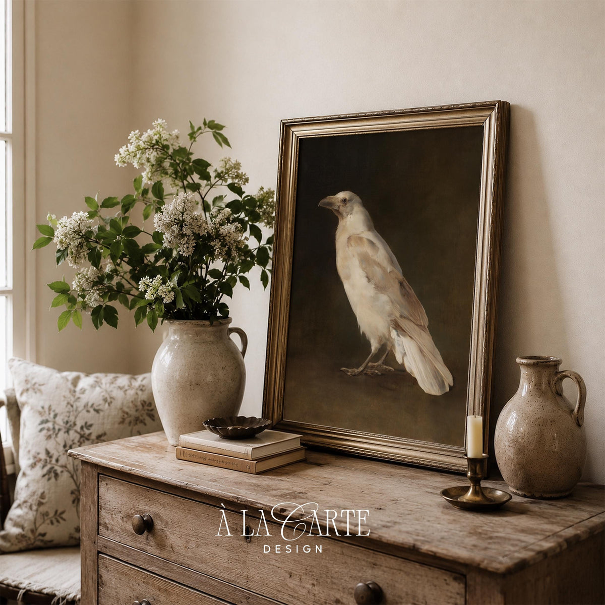 Pale bird wall art instant download for bedroom — antique-inspired avian portrait with earthy tones
