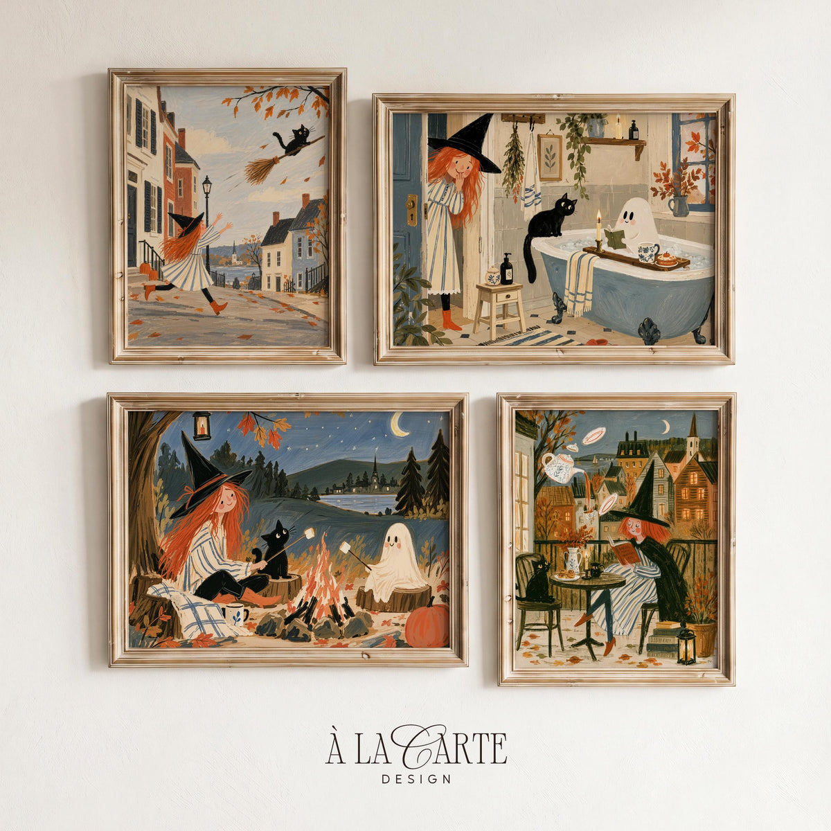 Halloween witch gallery set featuring storybook illustrations — cottagecore autumn aesthetic with muted vintage colors