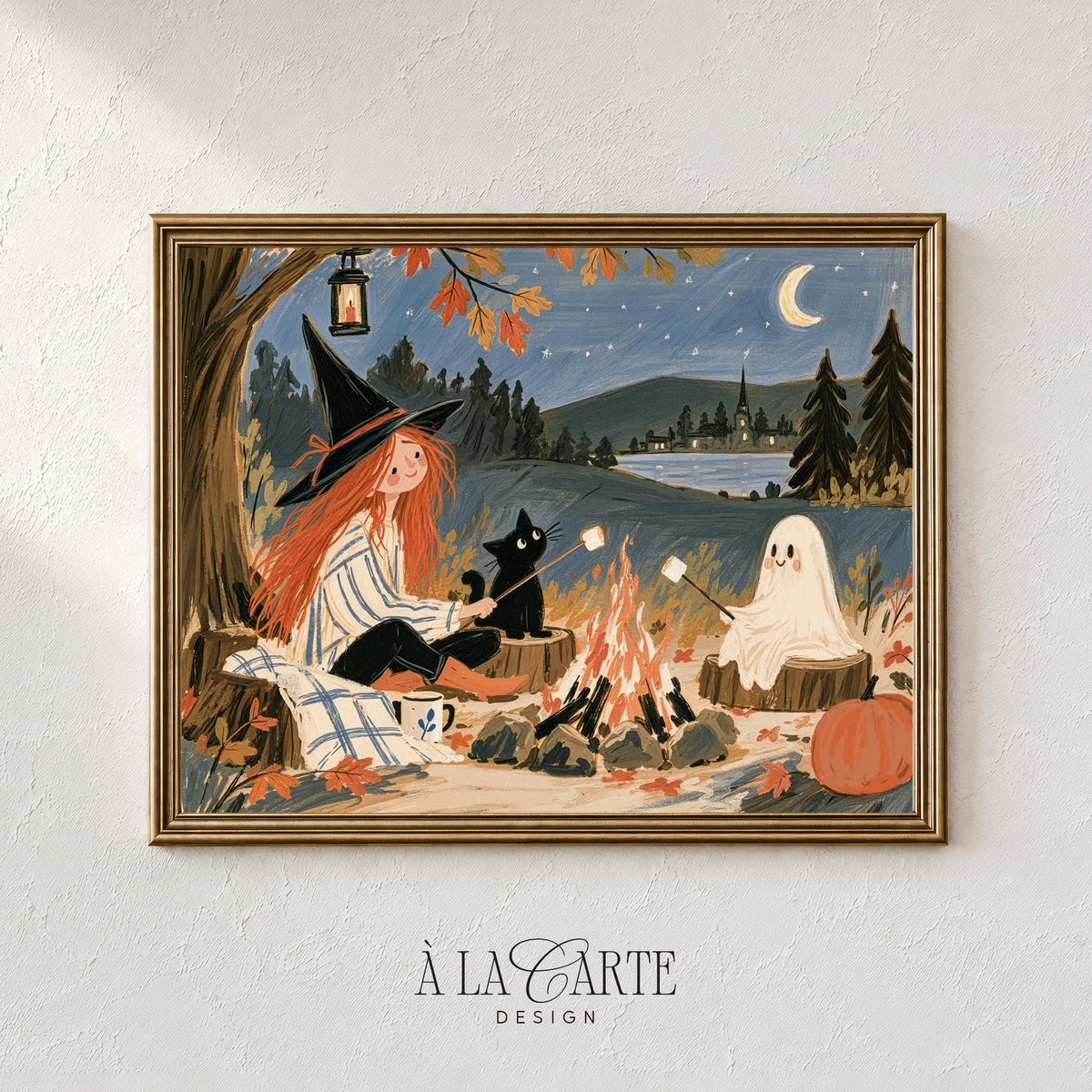 Halloween village wall art set — folk-style digital prints with soft-textured brushwork and midnight lake scenes