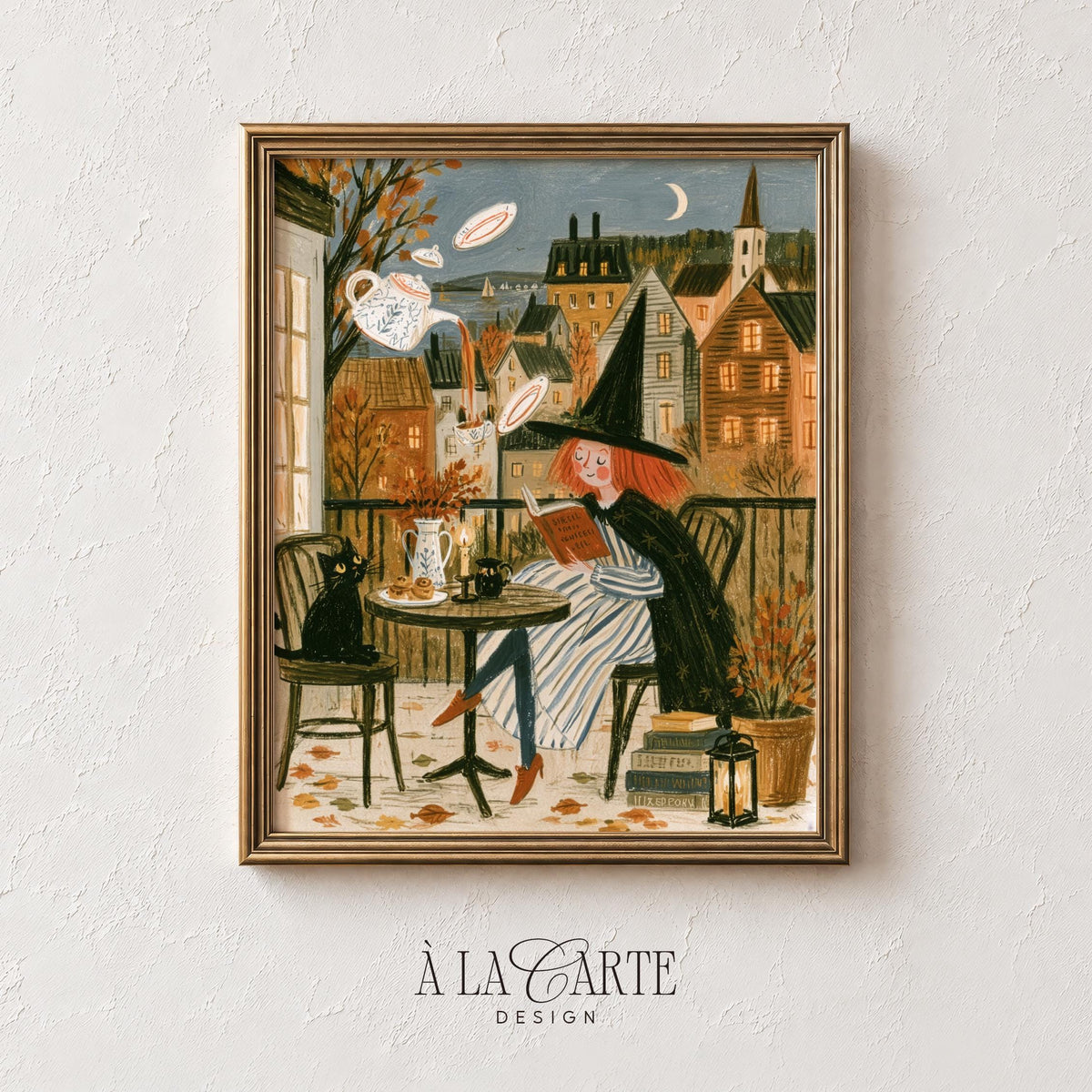 Autumn witch poster set for living room — vintage folk-art collection with broom-riding scenes and harvest motifs