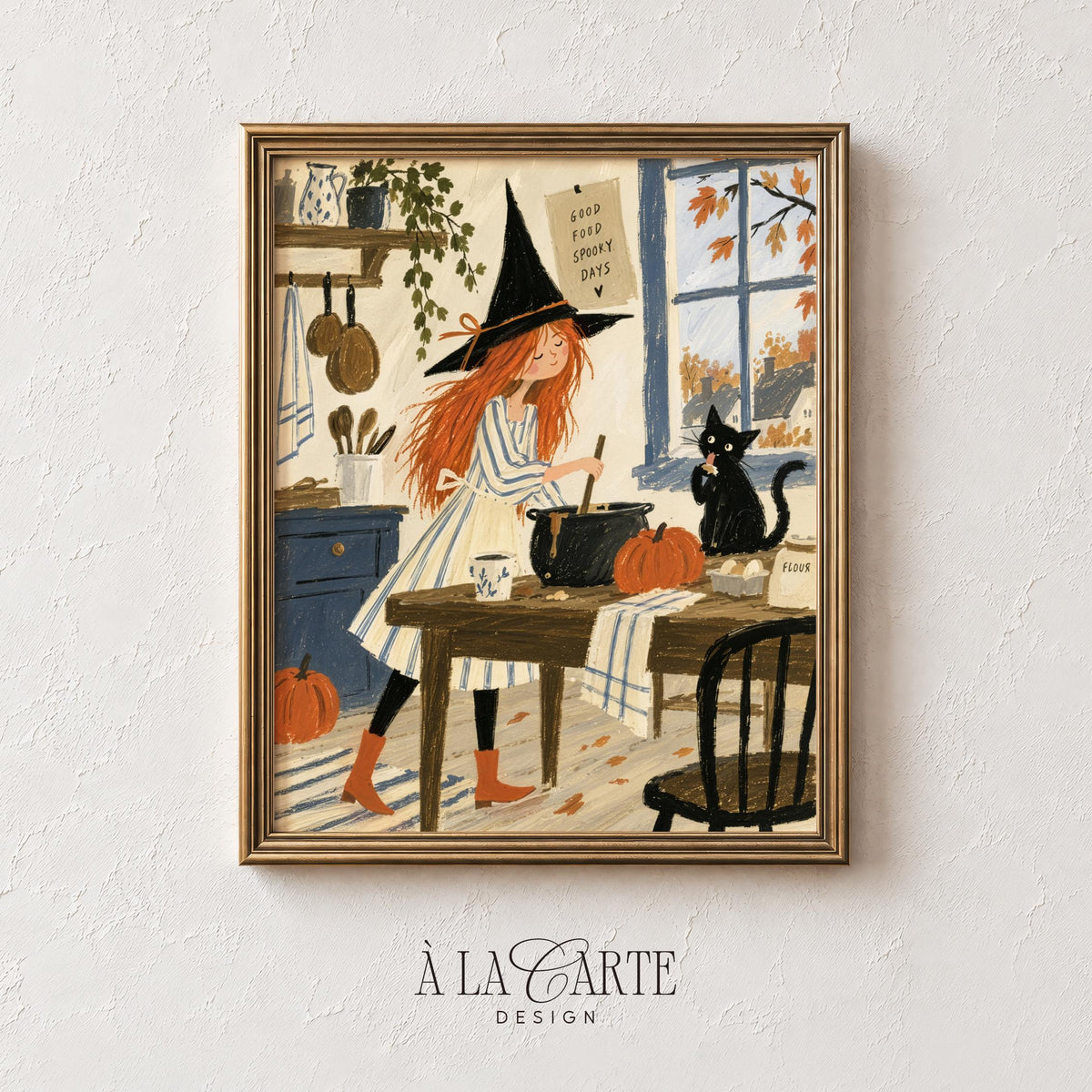 Cozy witch cabin wall art pack — folk-art printable collection with pumpkins, potions, and charming village landscapes