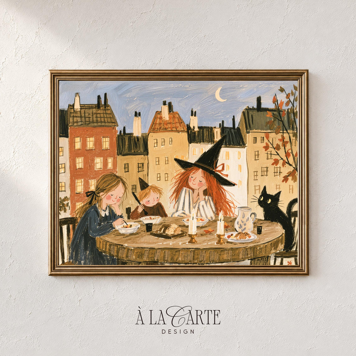 Witch tea party printable poster — charming folk-art gallery collection featuring rooftop flights and bonfire gatherings