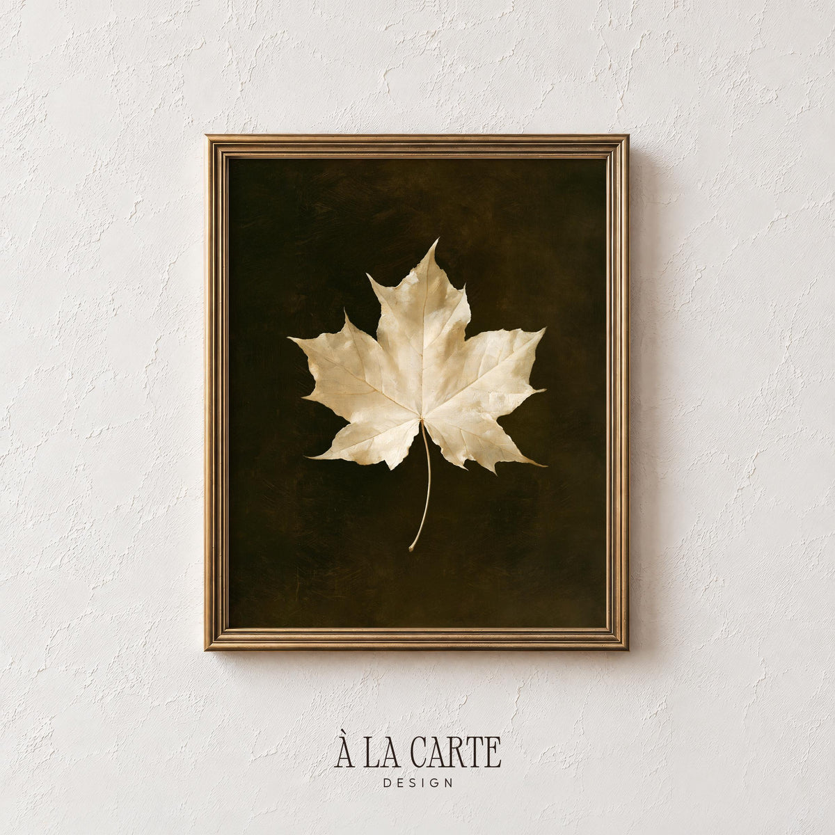 Golden maple leaf printable art for bedroom — moody vintage botanical illustration with rich autumn tones