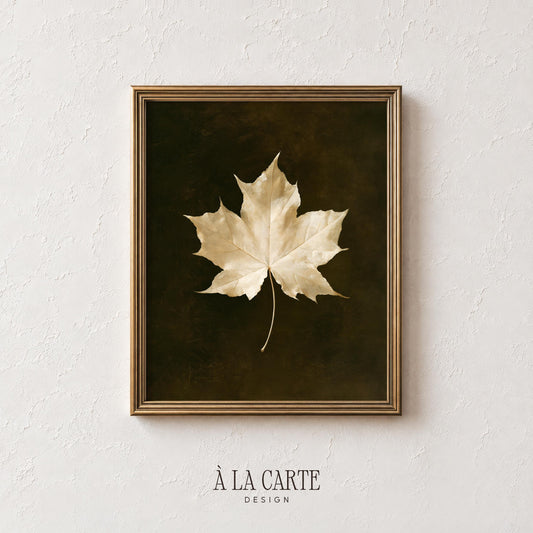 Golden maple leaf printable art for bedroom — moody vintage botanical illustration with rich autumn tones