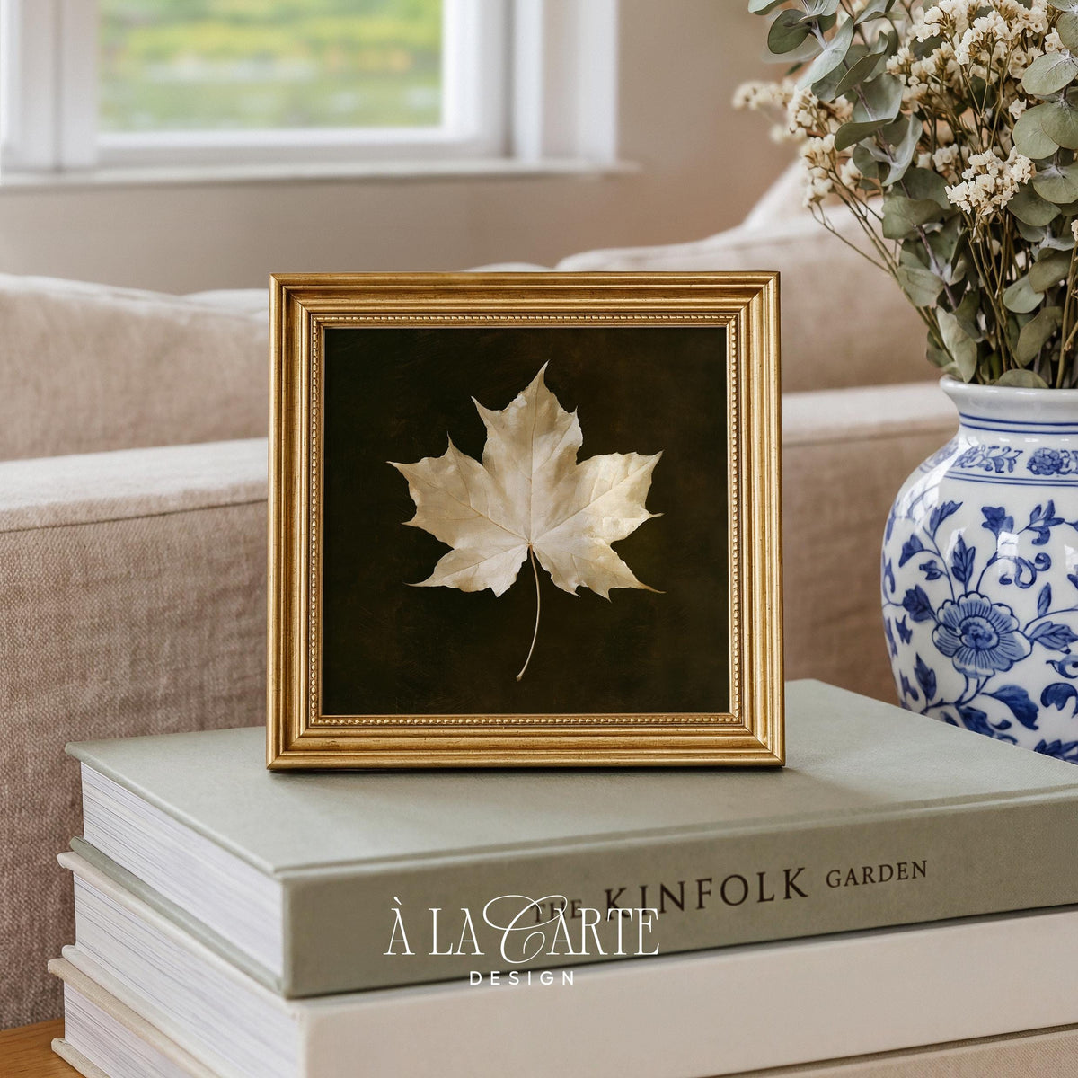Detailed leaf painting print featuring shadowy vintage aesthetic and warm earthy tones for home