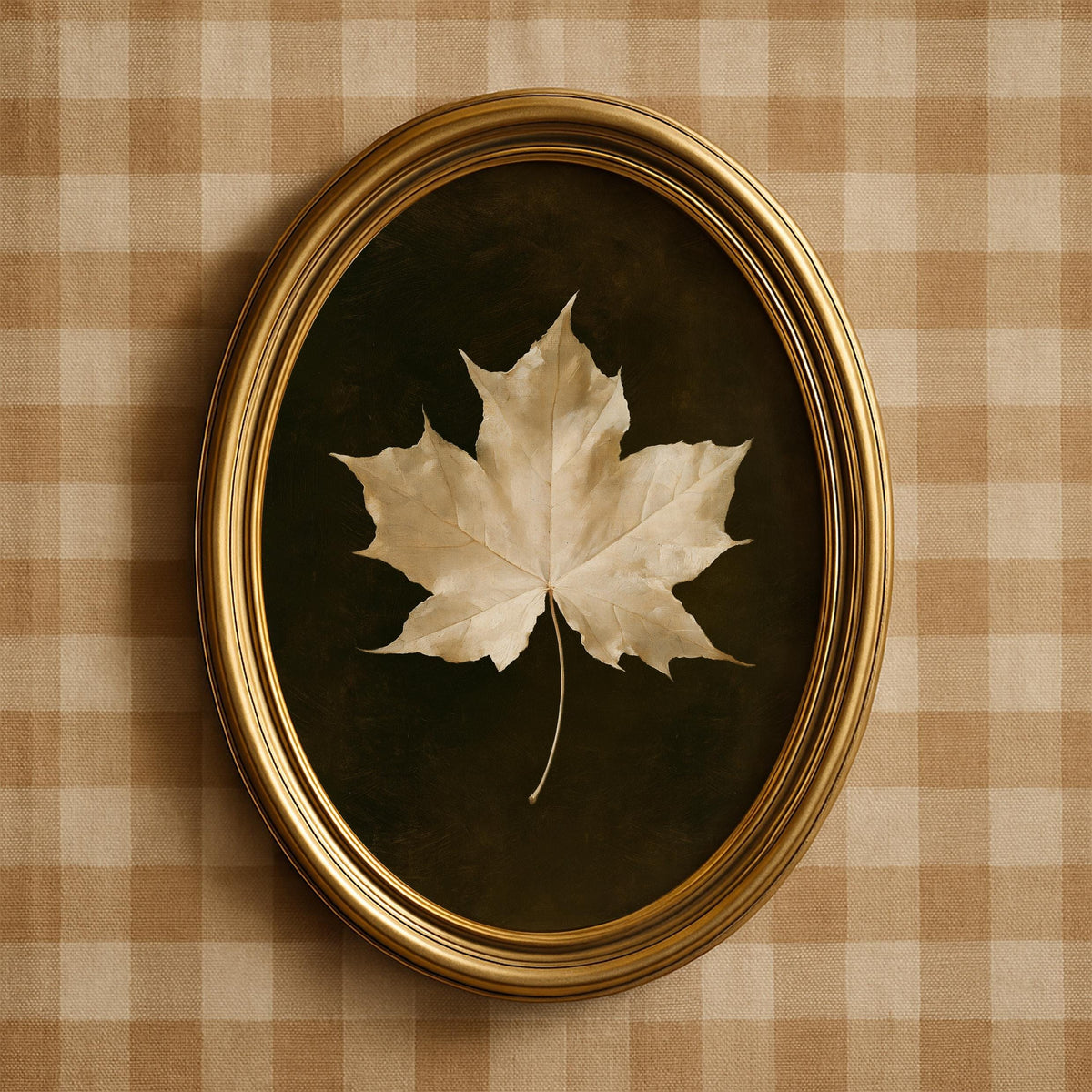 Textured botanical digital artwork of golden maple leaf — vintage rustic aesthetic with atmospheric mood