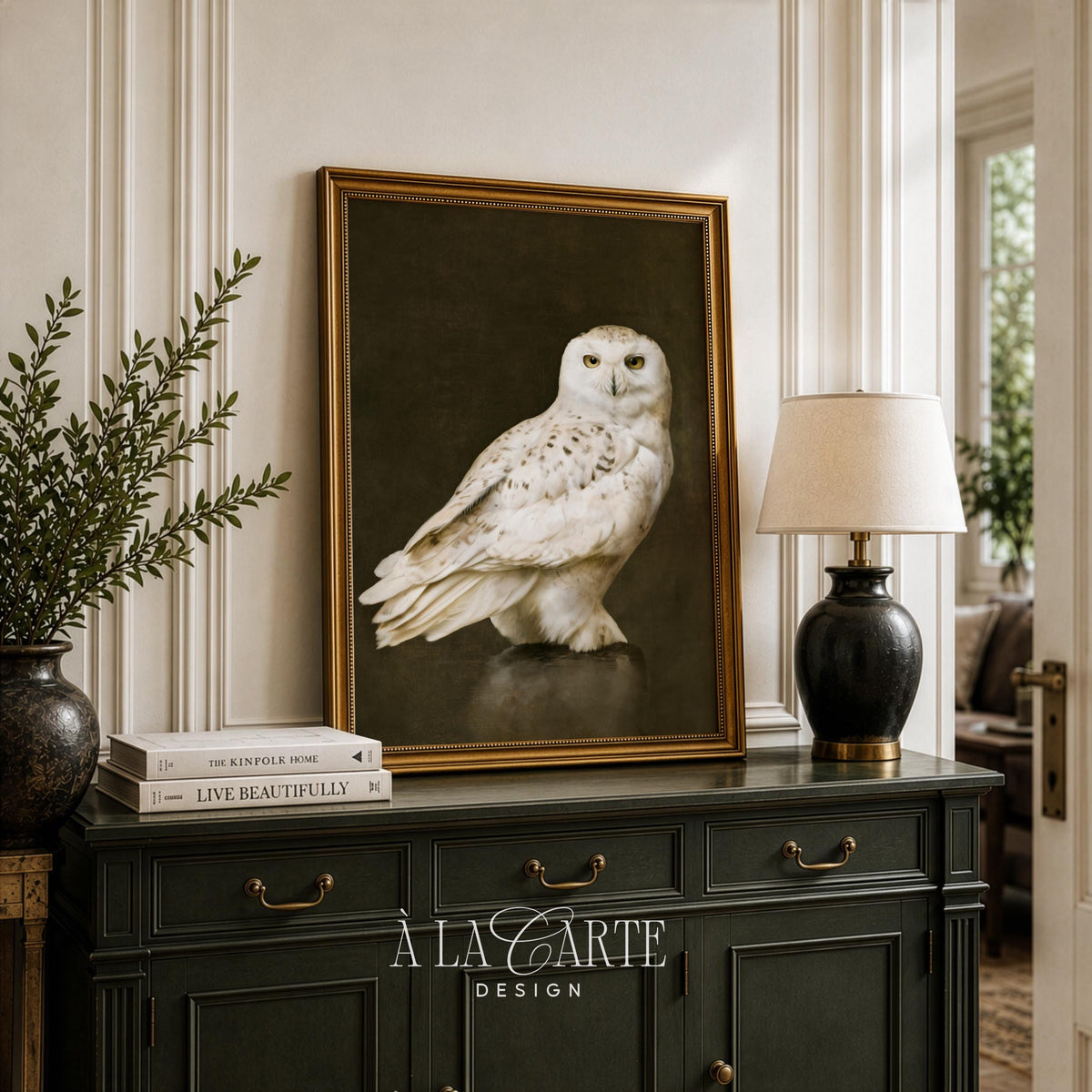Watchful owl wall poster for den — old-world wildlife painting with cream and brown hues