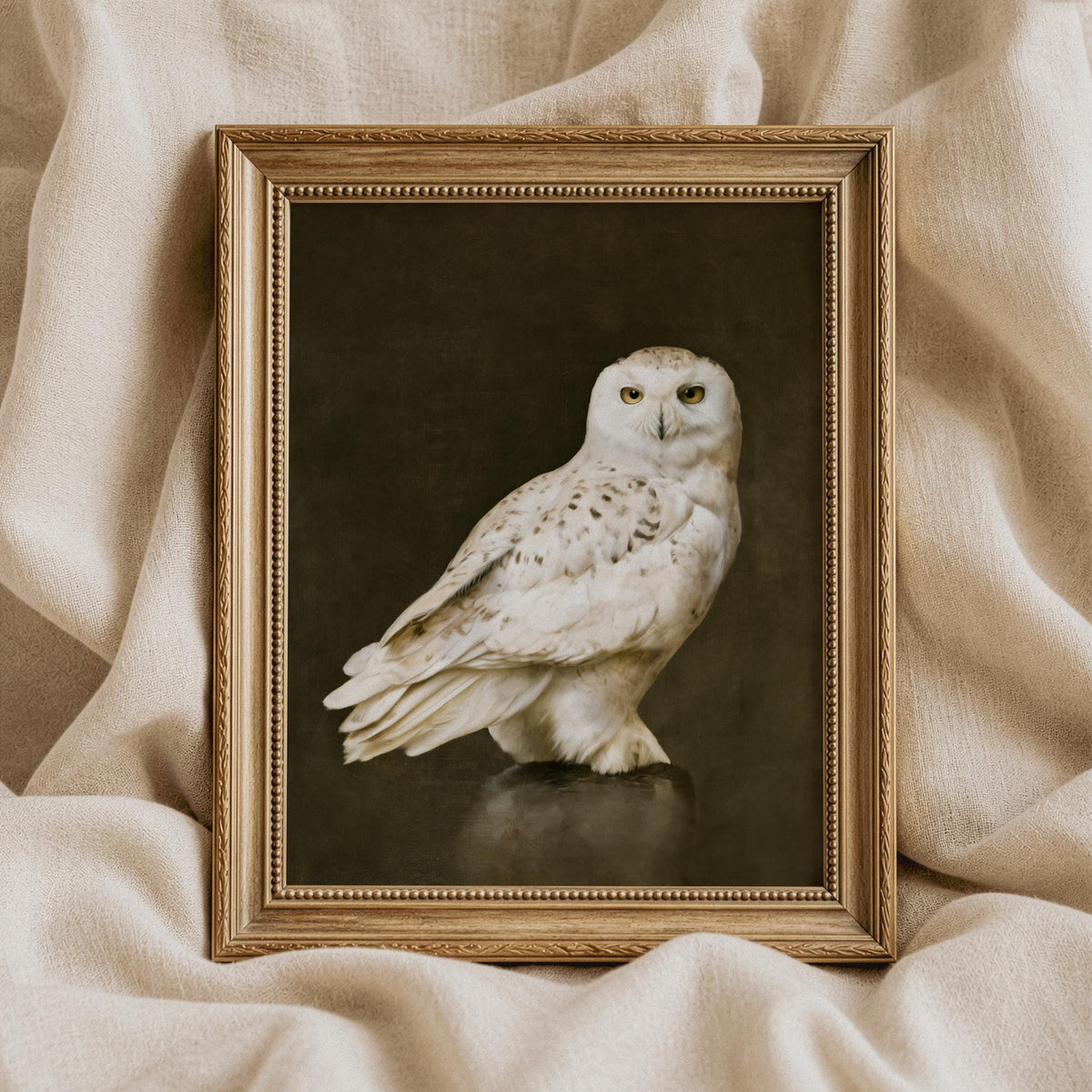 Majestic snowy bird artwork — vintage countryside aesthetic with shadowy muted tones