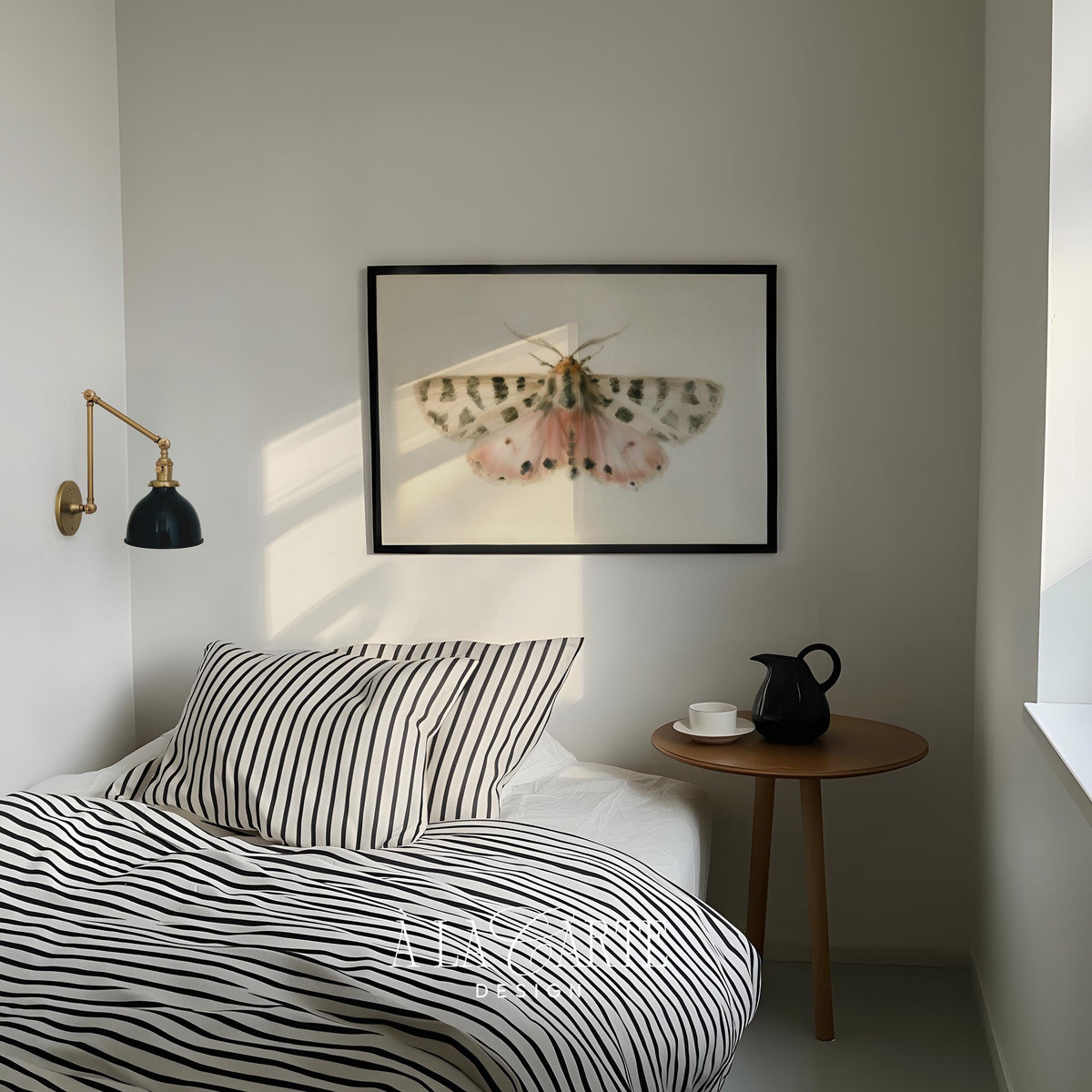 Pink moth printable art for bedroom — delicate watercolor insect with vintage naturalist aesthetic