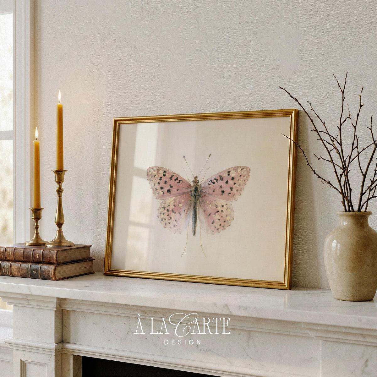 Botanical specimen picture for entryway — detailed vintage butterfly with cottagecore charm
