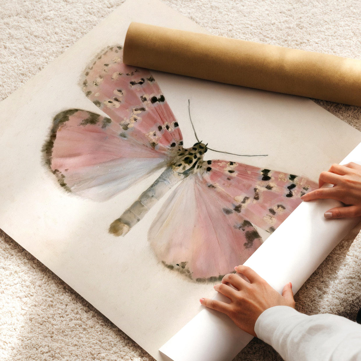 Pastel Butterfly Wall Art, Vintage Pink Moth Painting, Cottagecore Print, Insect Poster, Grandmillennial Art, French Country Decor V270