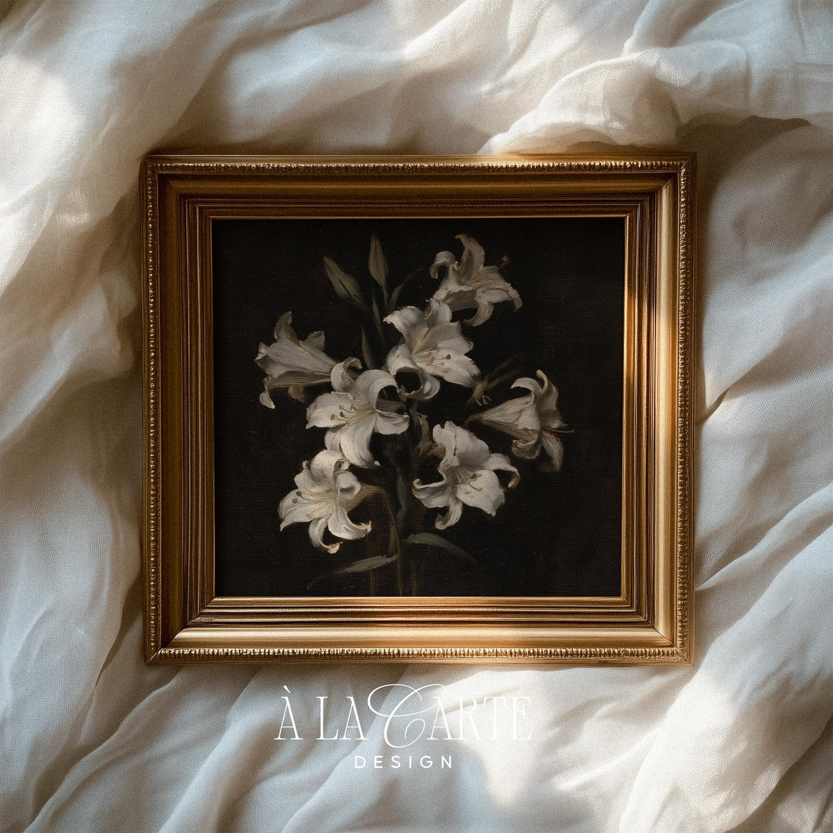 Moody botanical bloom picture — printable vintage artwork showcasing luminous flowers against brooding backdrop