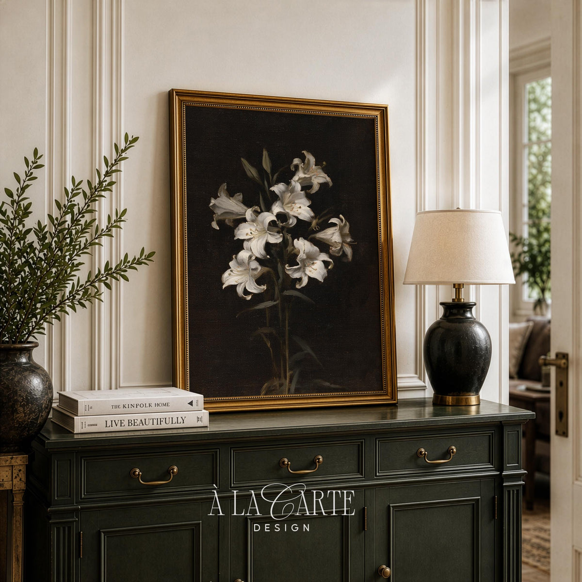 Antique floral blossom digital painting — wall art capturing refined botanical elegance and shadowy romance