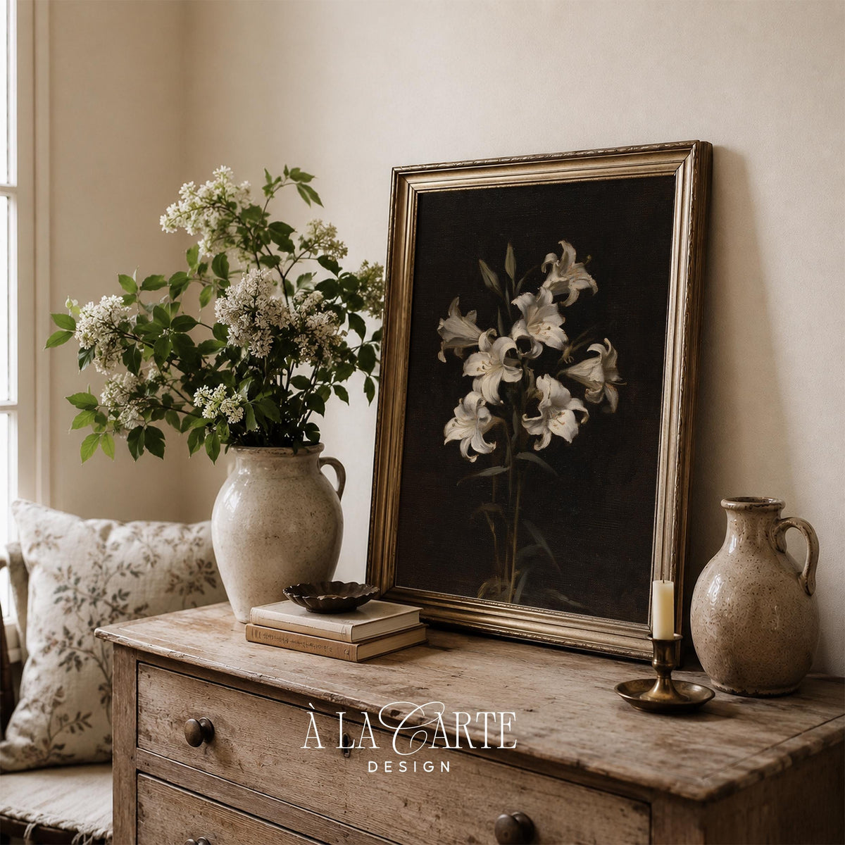 Timeless lily flower art print for gallery wall — old-world inspired with muted palette and dramatic lighting
