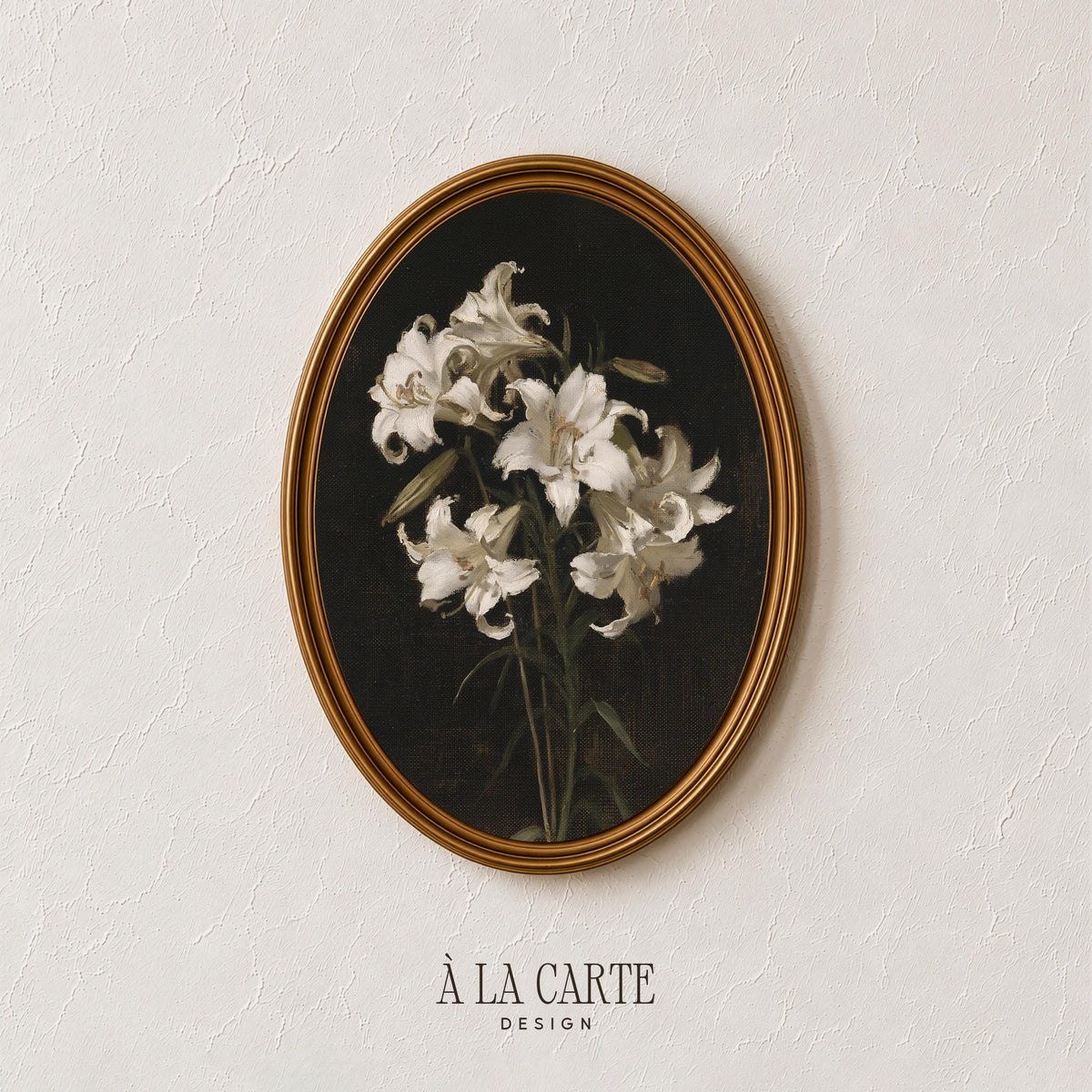 Vintage botanical illustration digital print — white blooms on near-black backdrop with gallery wall appeal
