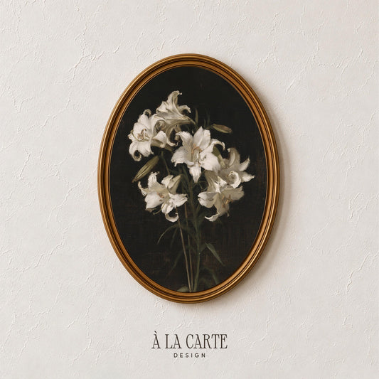 Vintage botanical illustration digital print — white blooms on near-black backdrop with gallery wall appeal