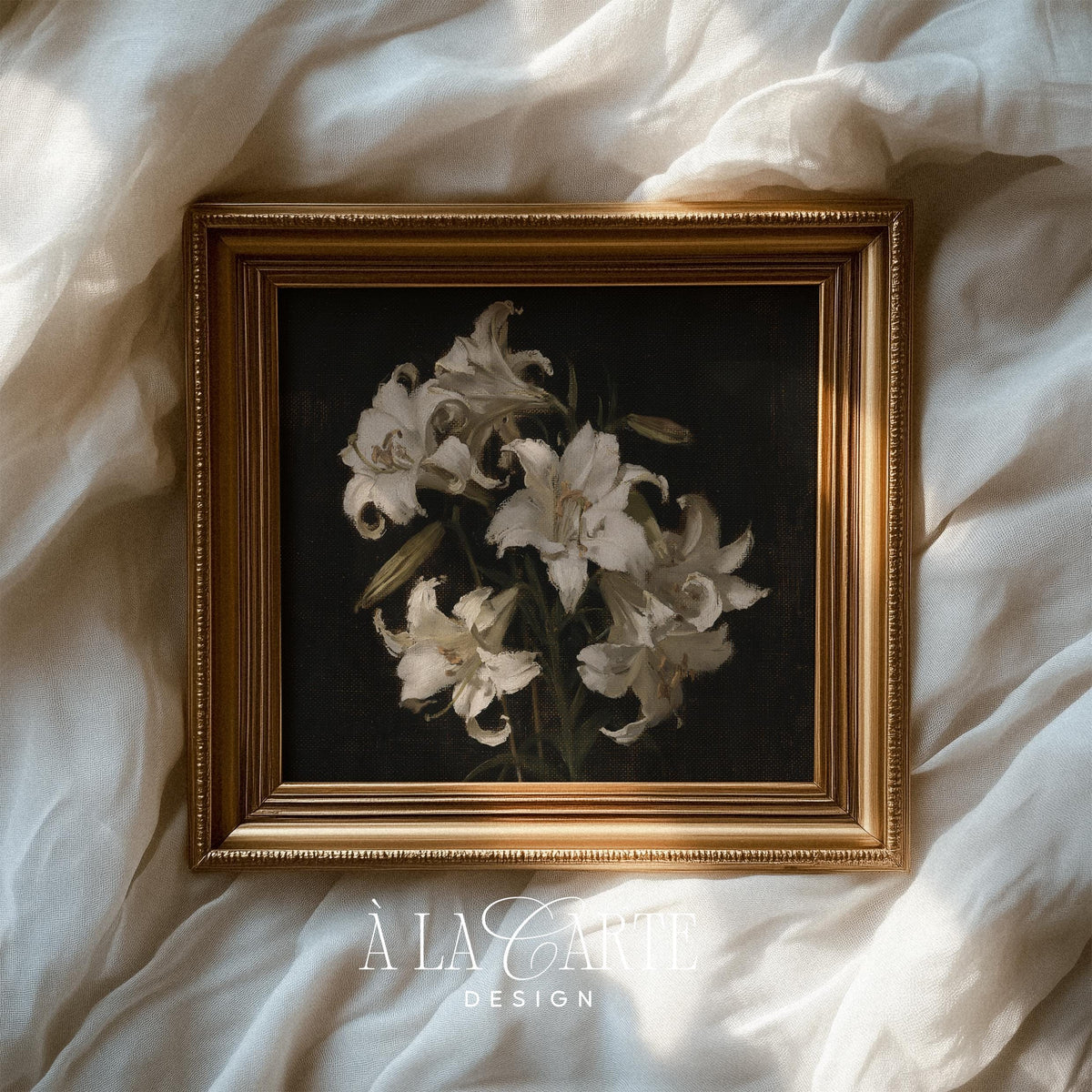 Sophisticated floral painting wall art — moody vintage aesthetic featuring delicate white blooms and depth