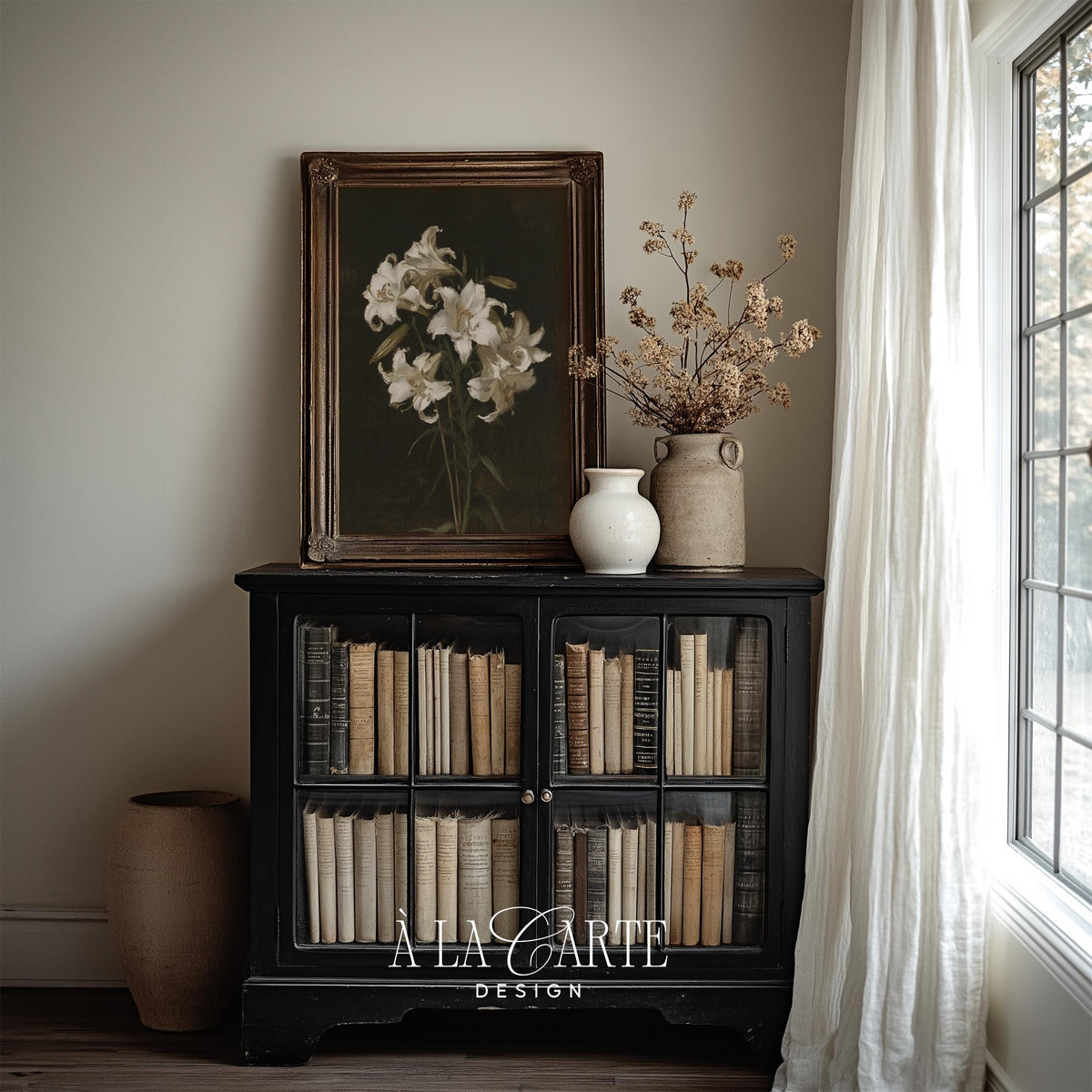 Classical flower painting digital print for bedroom — moody Renaissance-inspired botanical aesthetic