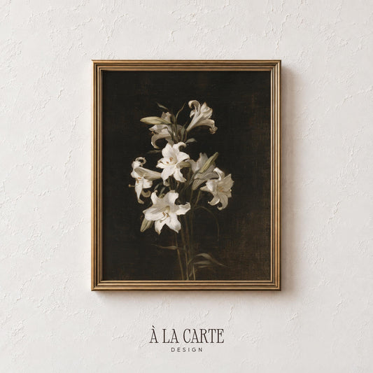 White flower painting wall print for bedroom — old-master style botanical art with shadowed elegance