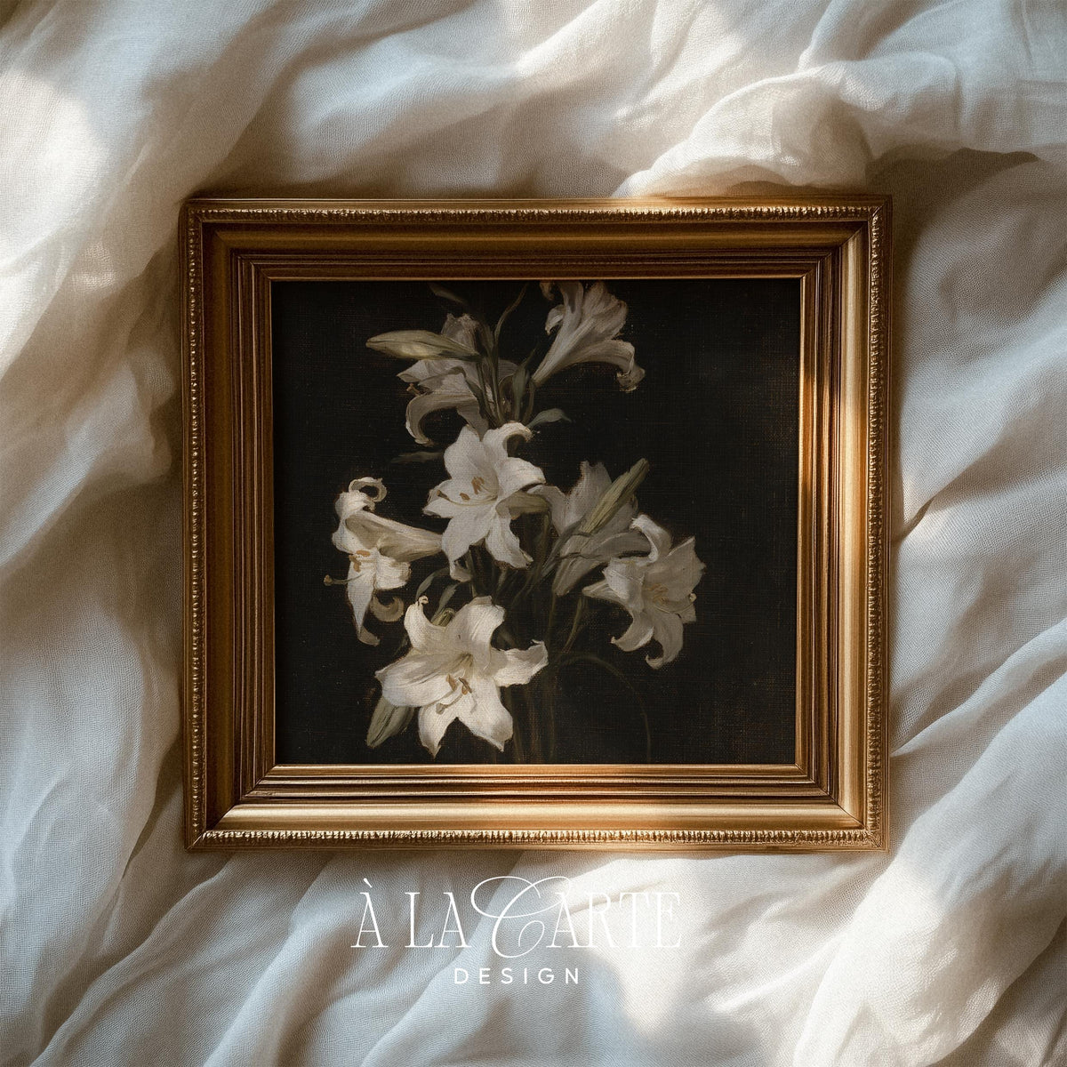 Botanical lily printable art for home office — romantic antique aesthetic with luminous white petals