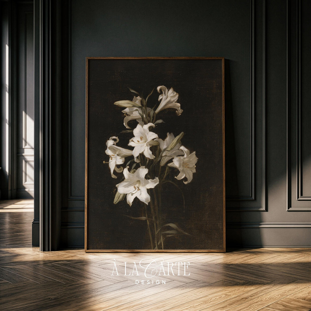 White peony-style artwork instant download — antique gallery aesthetic with moody atmospheric background