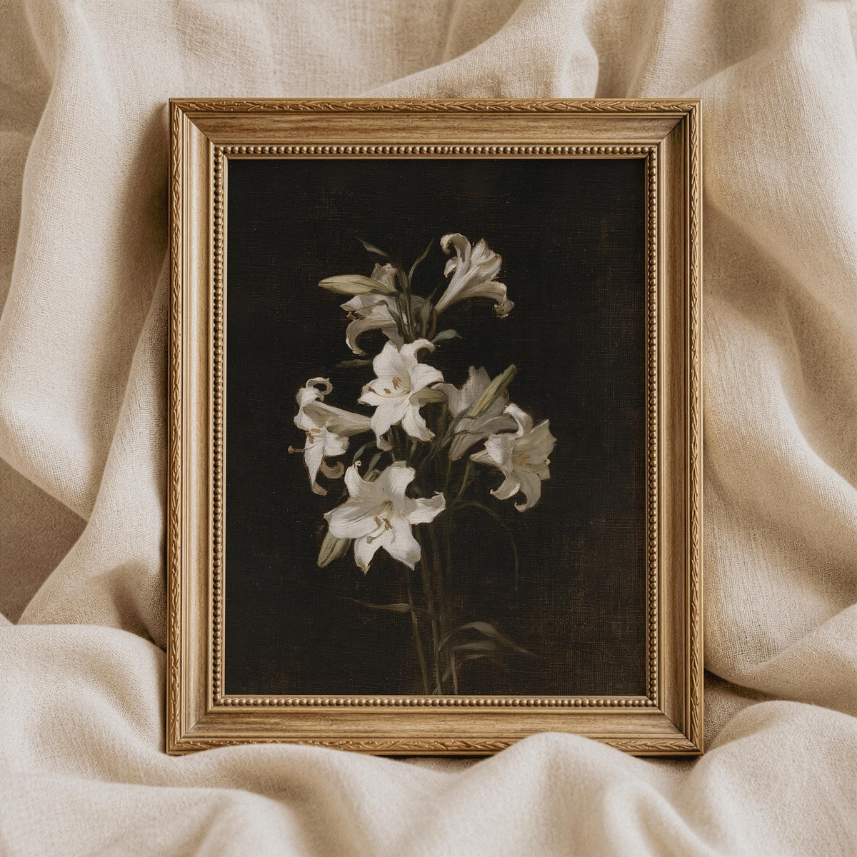 Classic floral still life poster — moody vintage palette with dramatic dark backdrop and green stems