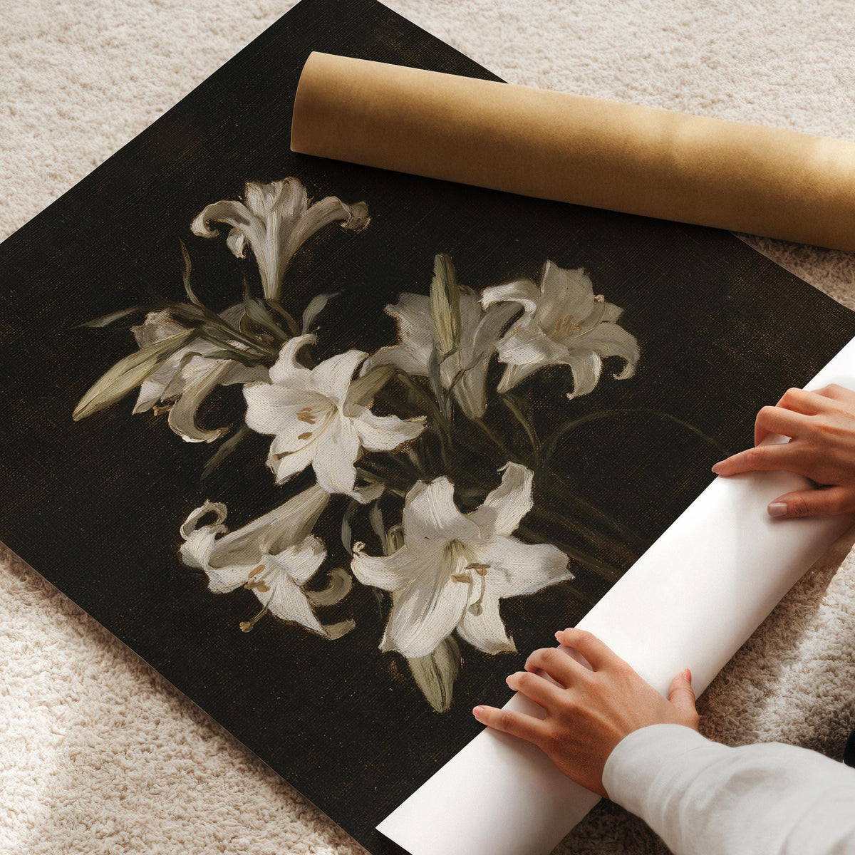 Vintage lily artwork digital art print — gallery wall aesthetic with antique oil painting texture