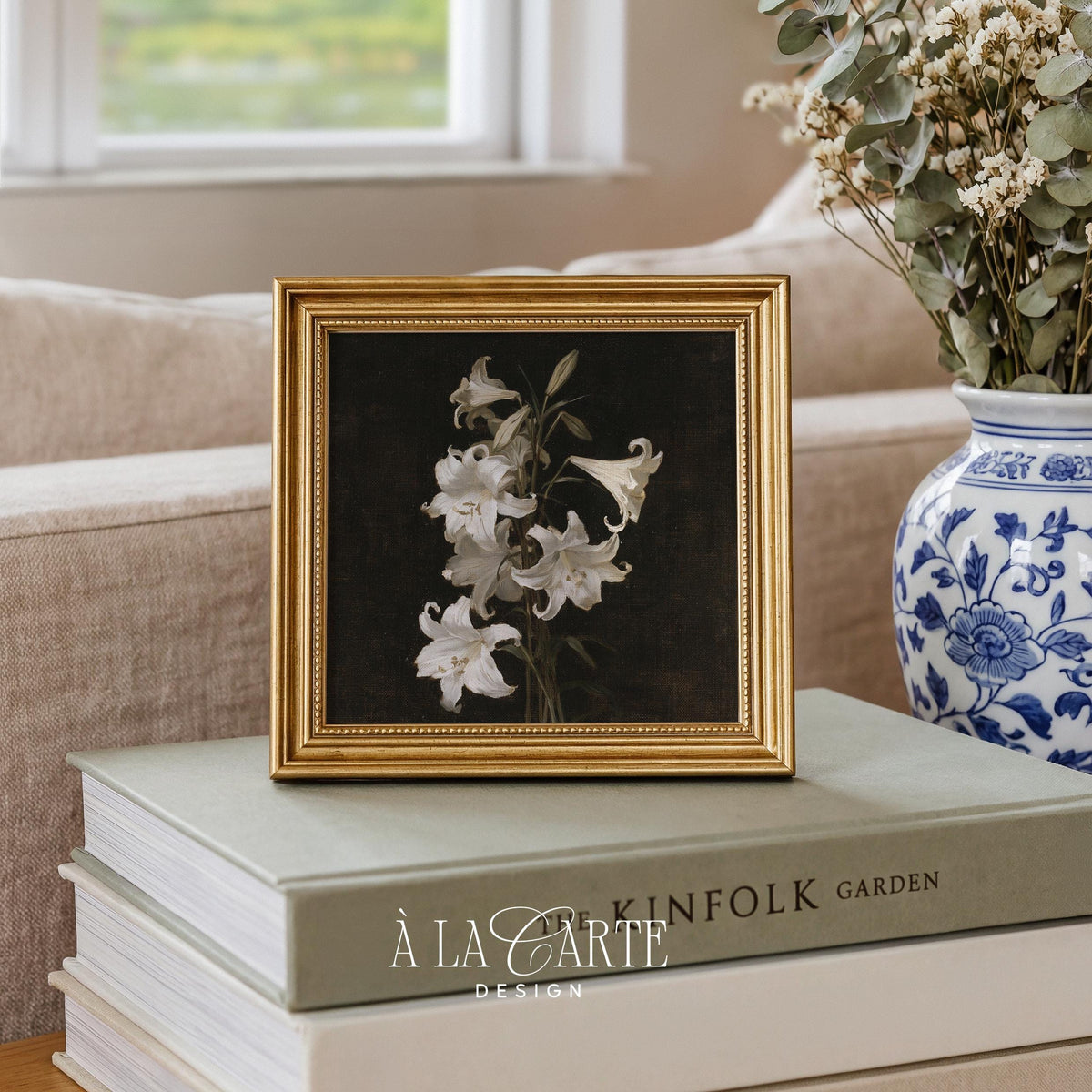 Blooming lily flowers digital print for study — dramatic dark background with delicate petals