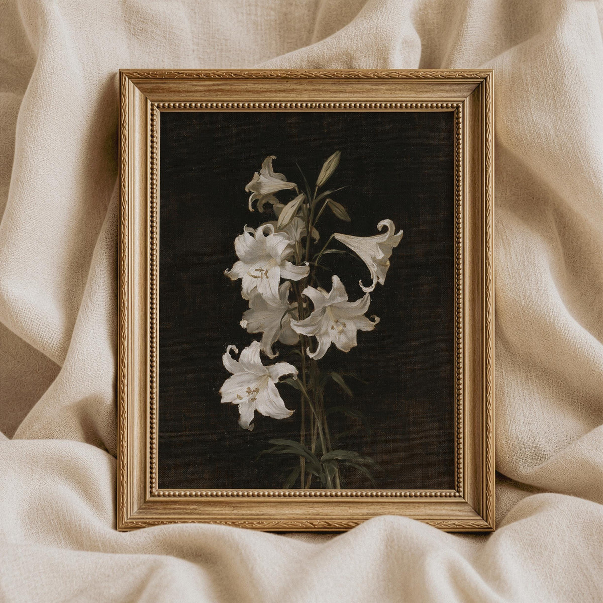 Classic floral artwork featuring white blossoms printable for living room — shadowy elegant aesthetic