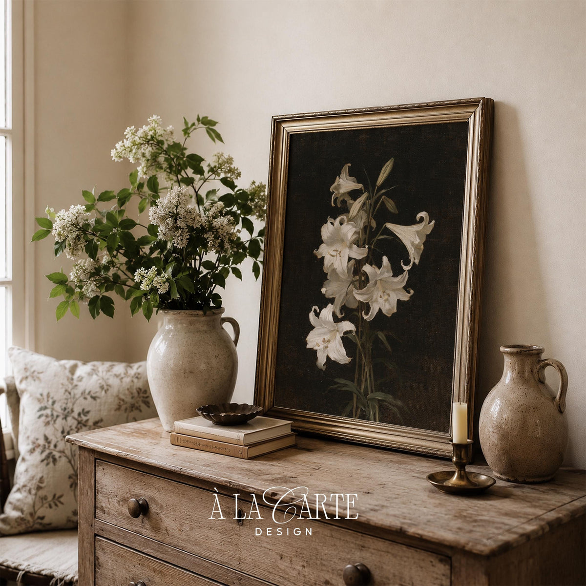 Dark academia botanical digital art for bookshelf styling — delicate lilies with shadowy depth