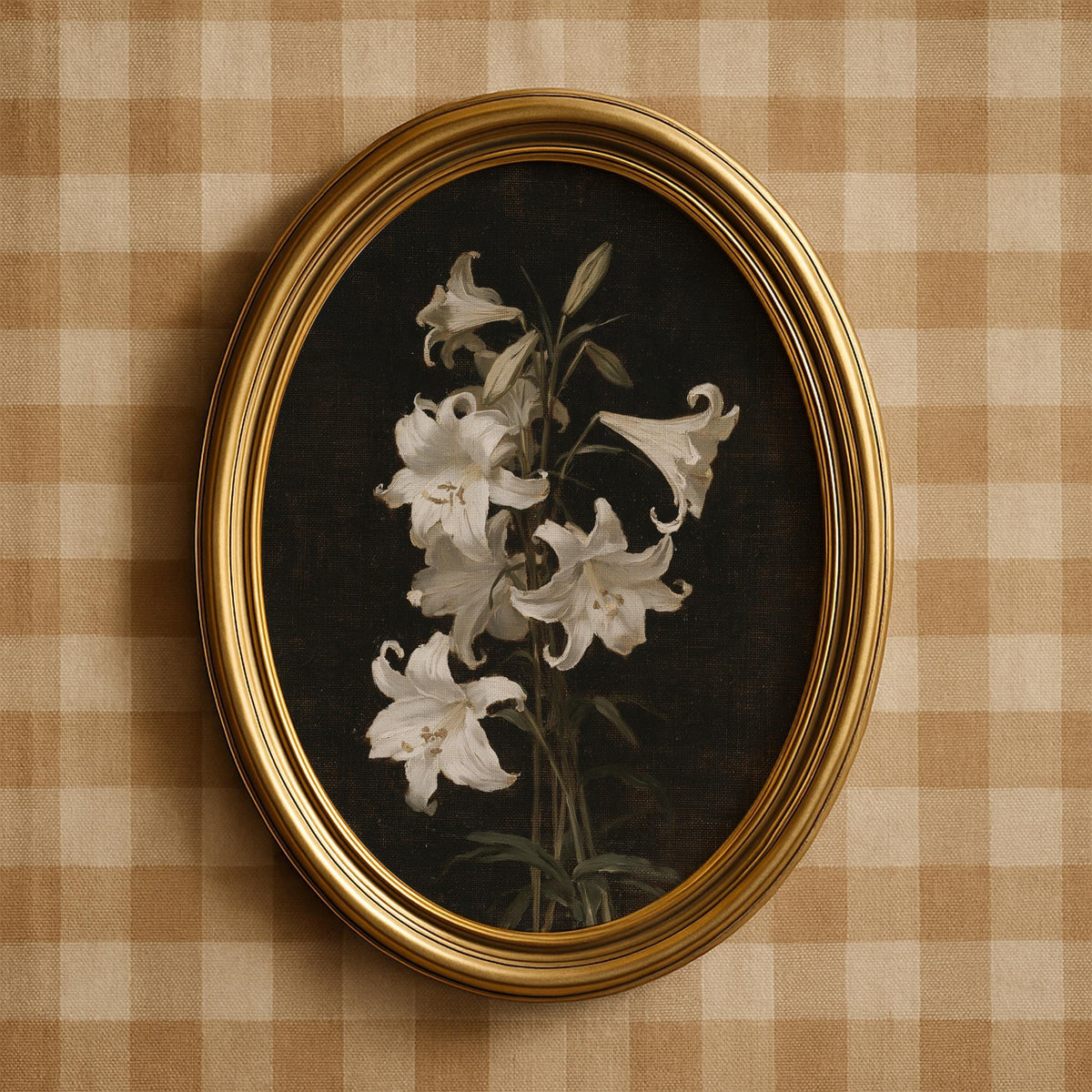 Delicate lily blossoms artwork instant download — gothic romance botanical with shadow contrast